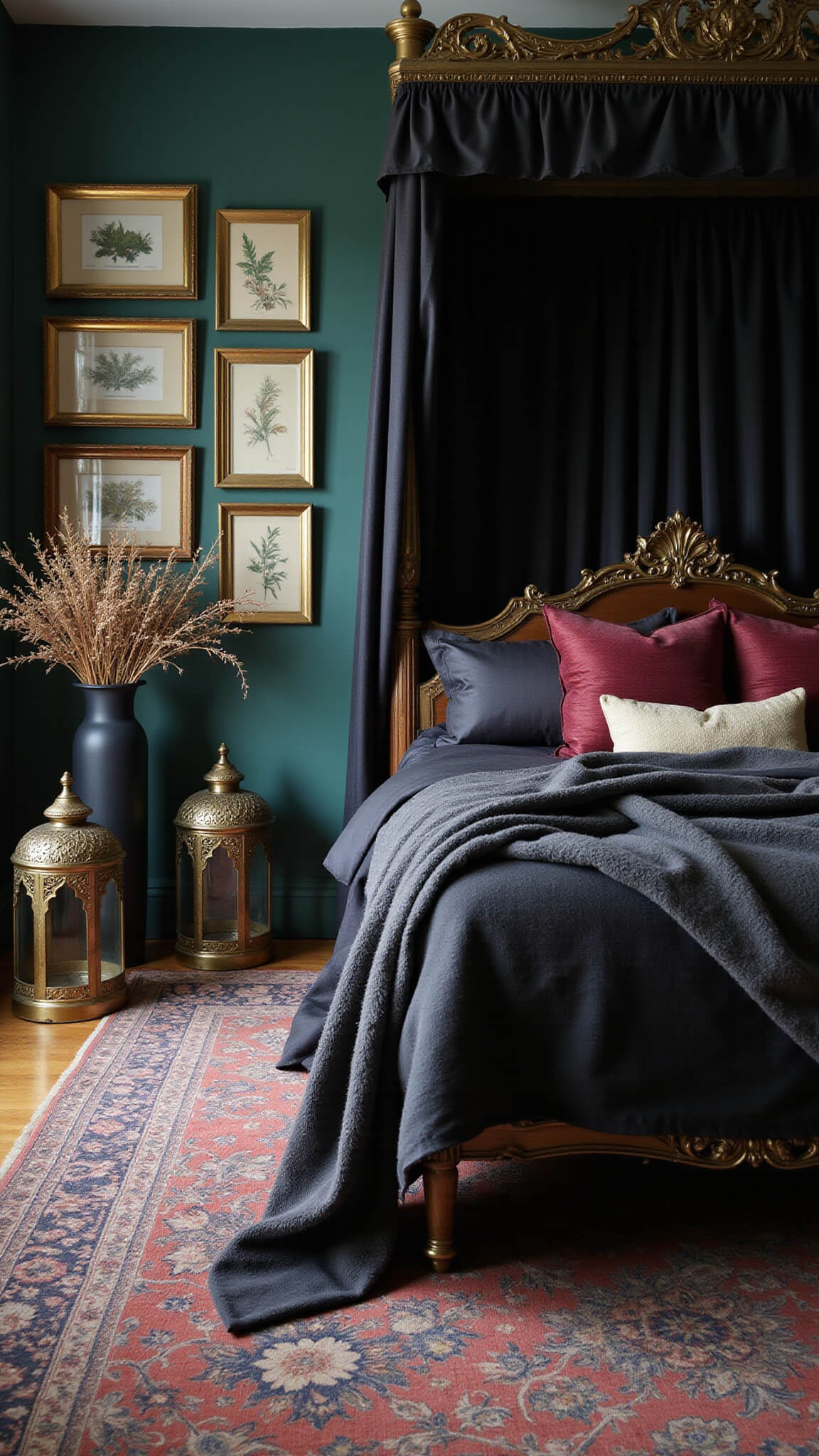 Wide-angle view of a moody master bedroom with a four-poster bed draped in sheer black fabric, dark emerald walls, vintage botanical prints, Moroccan lanterns, and textured burgundy and black textiles.