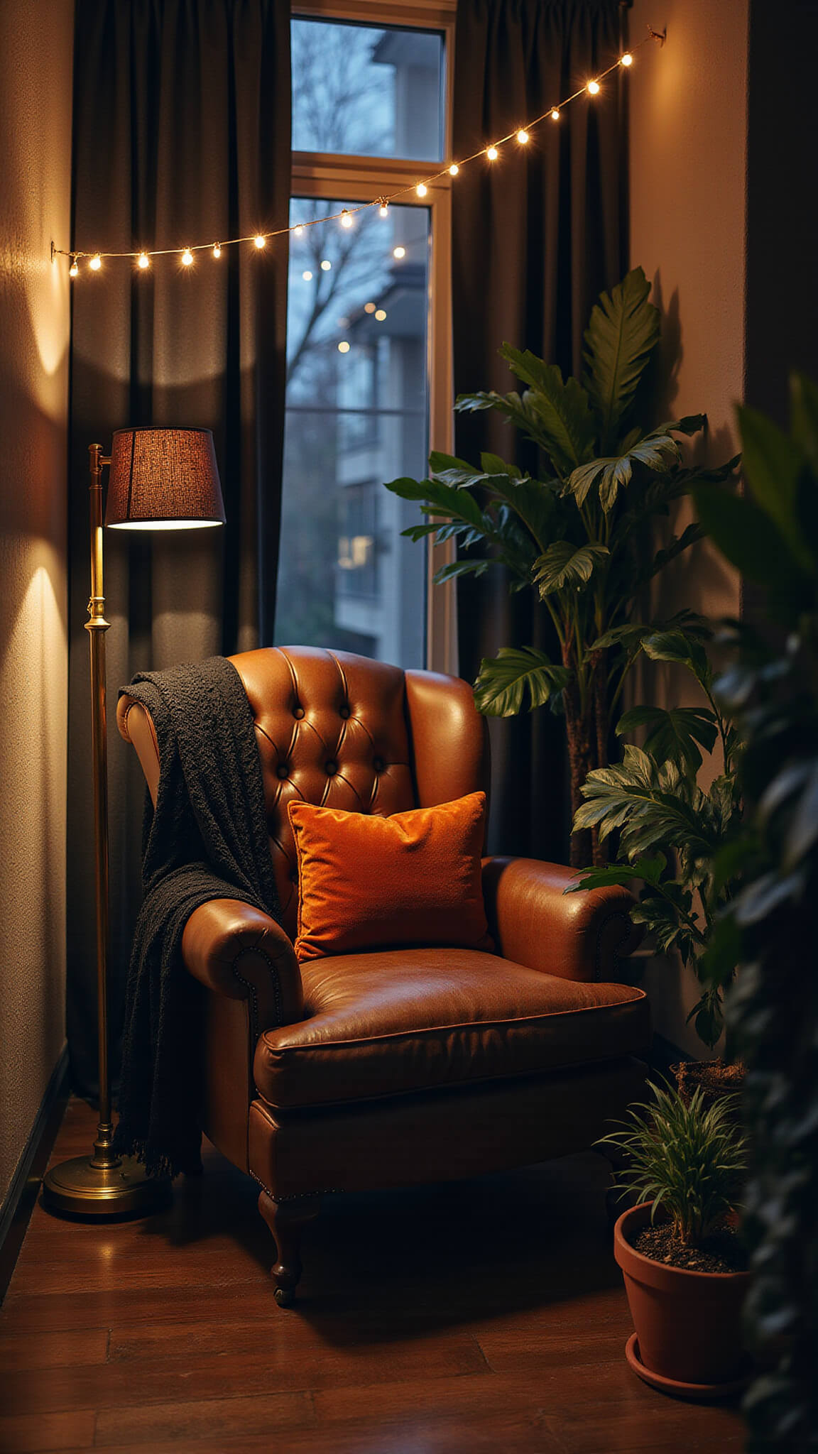Victorian reading nook at dusk with leather armchair, copper string lights, dark plants, and antique brass lamp in cozy bedroom alcove.