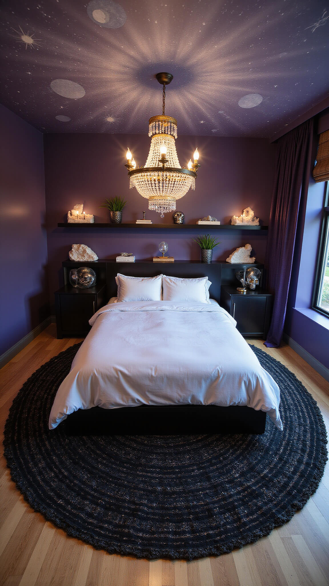 Overhead view of a 16x14ft bedroom with circular bed on black wool rug, deep purple walls, celestial ceiling, vintage chandeliers, and shelves with crystals and silver skulls.