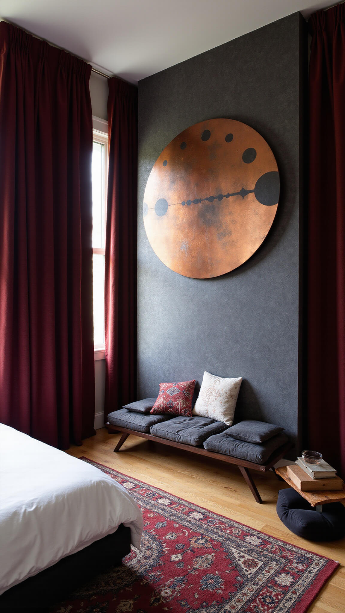 Bedroom with morning light through burgundy velvet curtains, oxidized copper moon phase wall art, charcoal wallpaper, Moroccan rugs, and Gothic-style meditation corner.