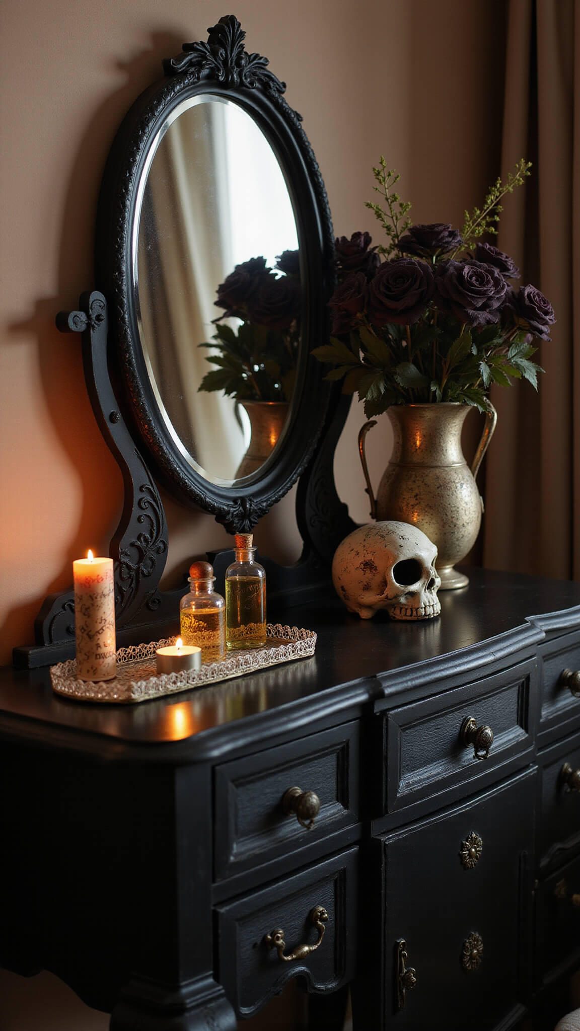 Victorian black vanity with vintage perfume bottles, crystal skull holder, and dried roses in silver vase, lit by candlelight with smoky atmosphere.