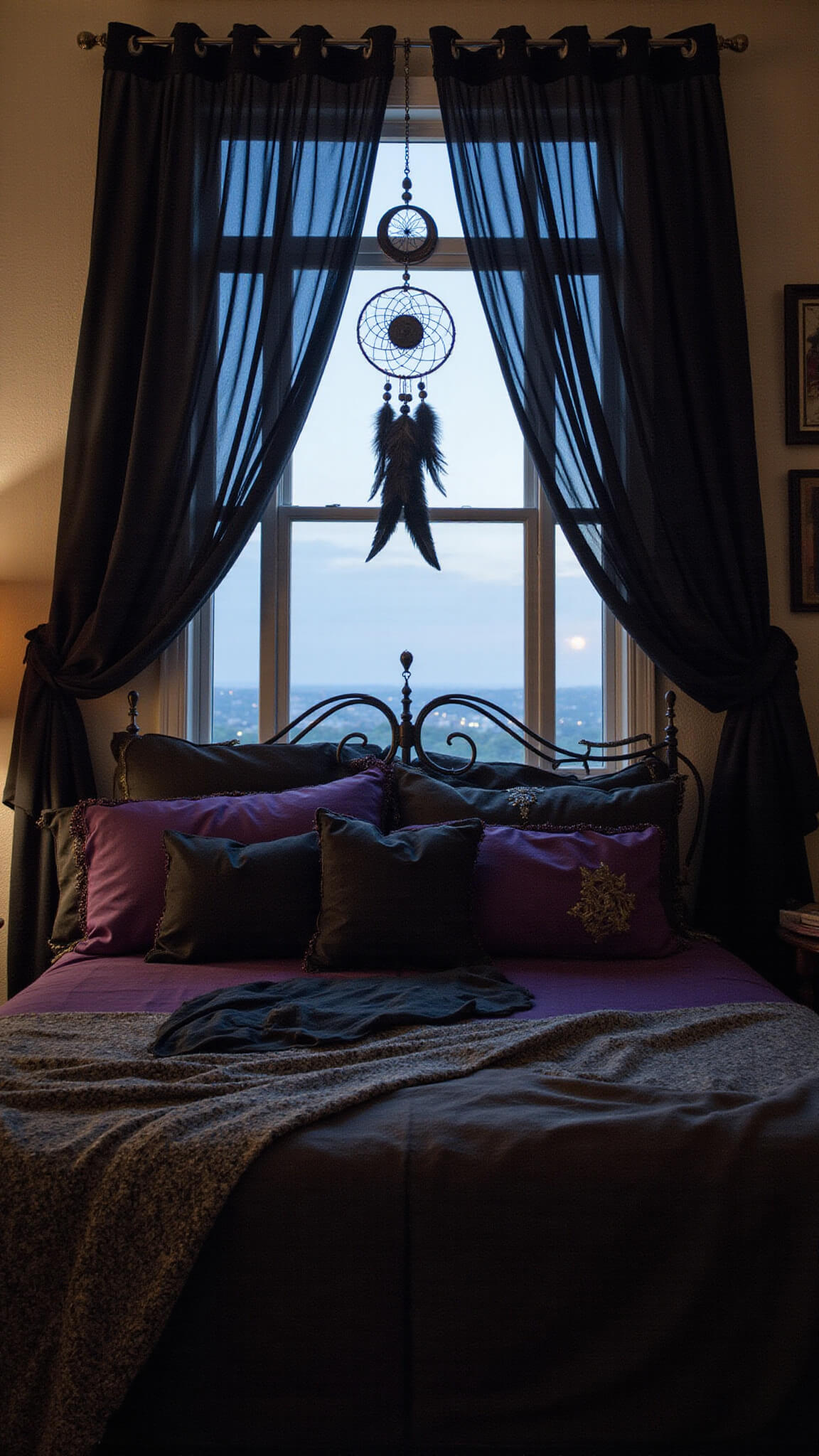 Twilight-lit bedroom with billowing black sheers, wrought iron bed layered in black silk and purple velvet, and moon phase decals above dream catchers adorned with feathers and crystals.