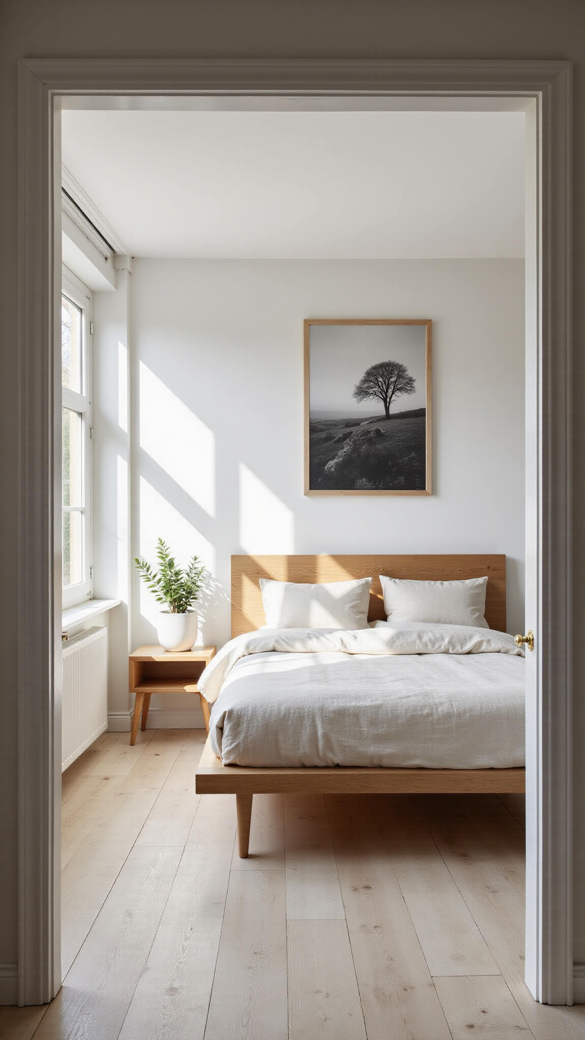 Scandinavian bedroom with oak platform bed, ivory linens, soft morning light through floor-to-ceiling windows, minimal decor, and a sage plant in white pot.