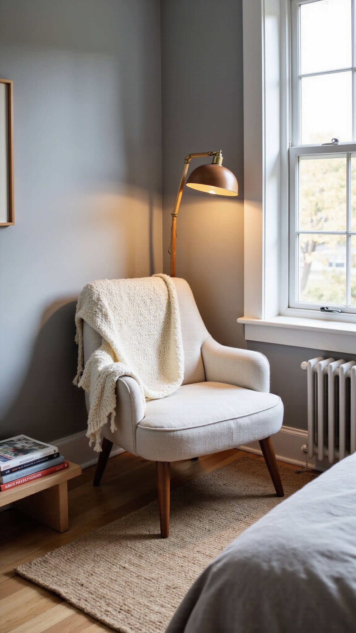Cozy corner reading nook with ivory boucle chair, pine floors, arched wooden floor lamp, and jute rug in golden hour light.
