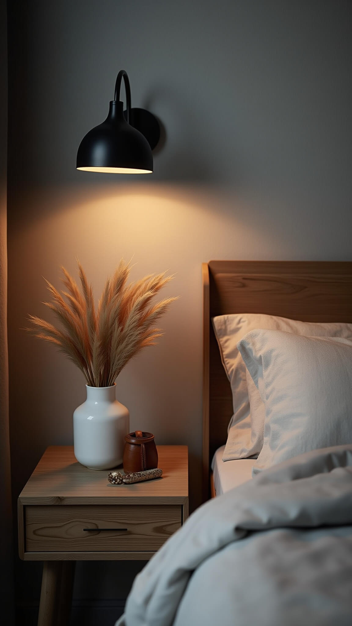 Moody bedside scene at dusk with matte black sconce above ash nightstand, pampas grass in white vase, oatmeal linen bedding, leather catch-all, and textured gray wallpaper.