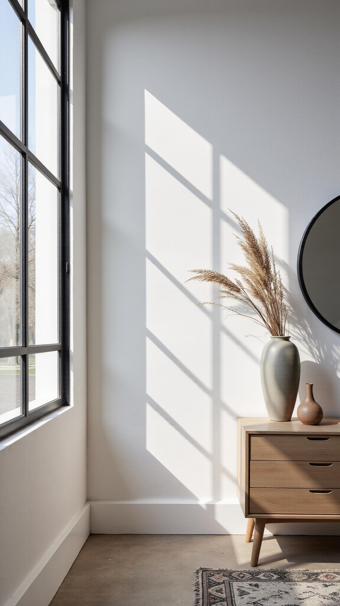 Bright primary bedroom with white oak dresser, ceramic vessels, black-framed mirror, and vintage wool runner bathed in natural light.