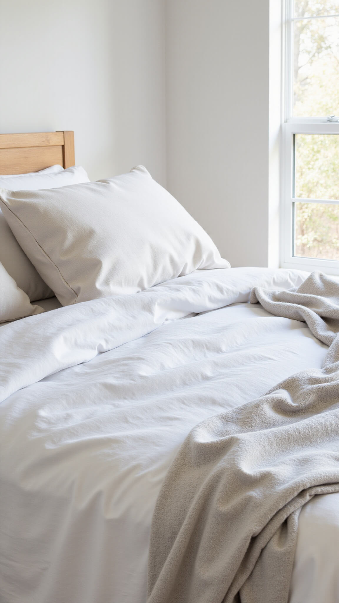 Cozy layered bed with white linen duvet, flax lumbar pillow, and gray cashmere throw in soft afternoon light.