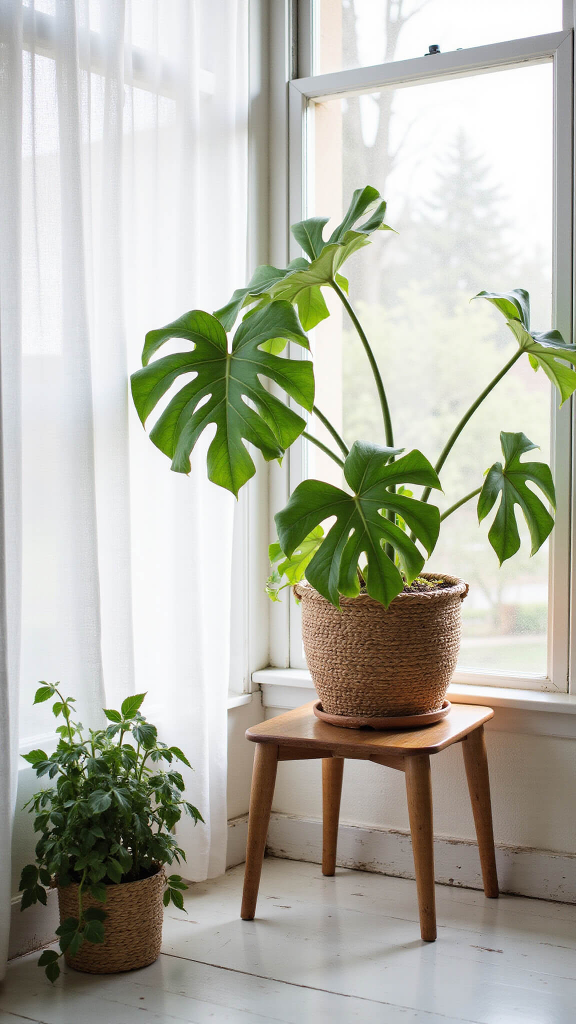 Low-angle view of a sunlit plant corner with a tall Fiddle Leaf Fig in a clay pot, trailing pothos in a woven basket, vintage wooden stool as a stand, and sheer curtains filtering morning light onto whitewashed floors.