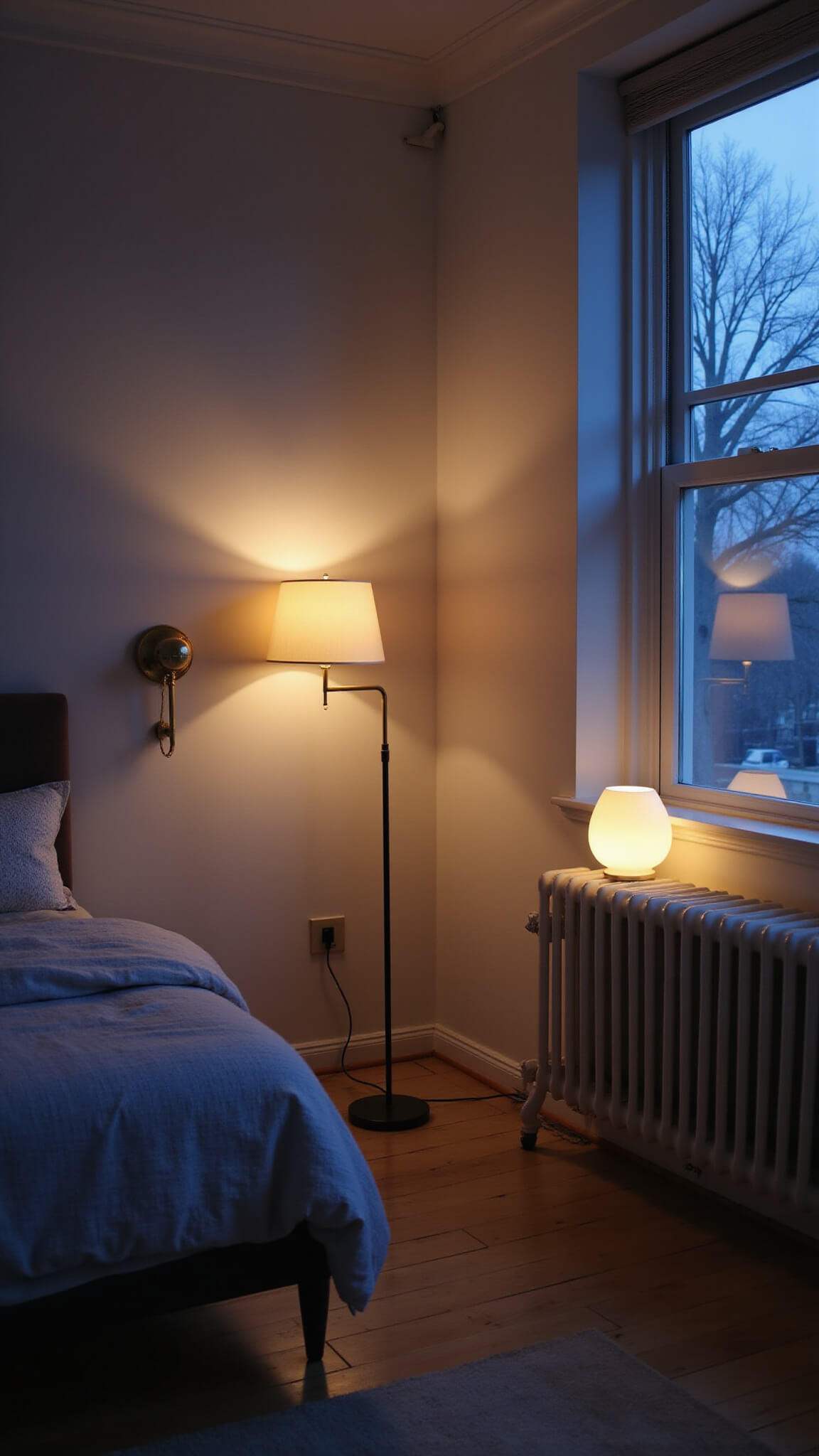Twilight bedroom with layered lighting from brass floor lamp, bedside sconces, and ceramic table lamp; cool blue evening light filters through windows, casting subtle hues on white walls.