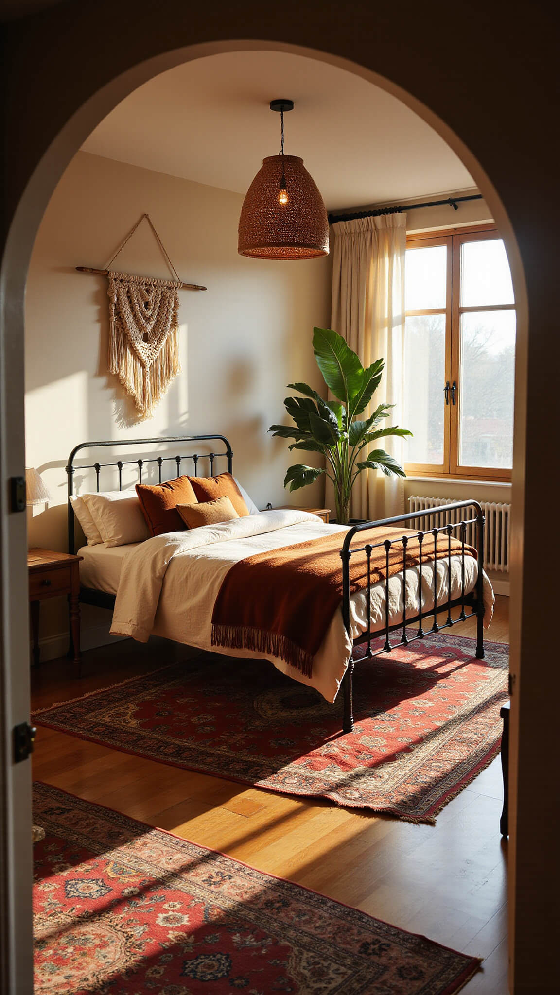 Bohemian bedroom at golden hour with wrought iron bed, layered linens, macramé wall hanging, overlapping Persian rugs, rattan pendant light, monstera plant by sheer-curtained windows, and warm natural light.