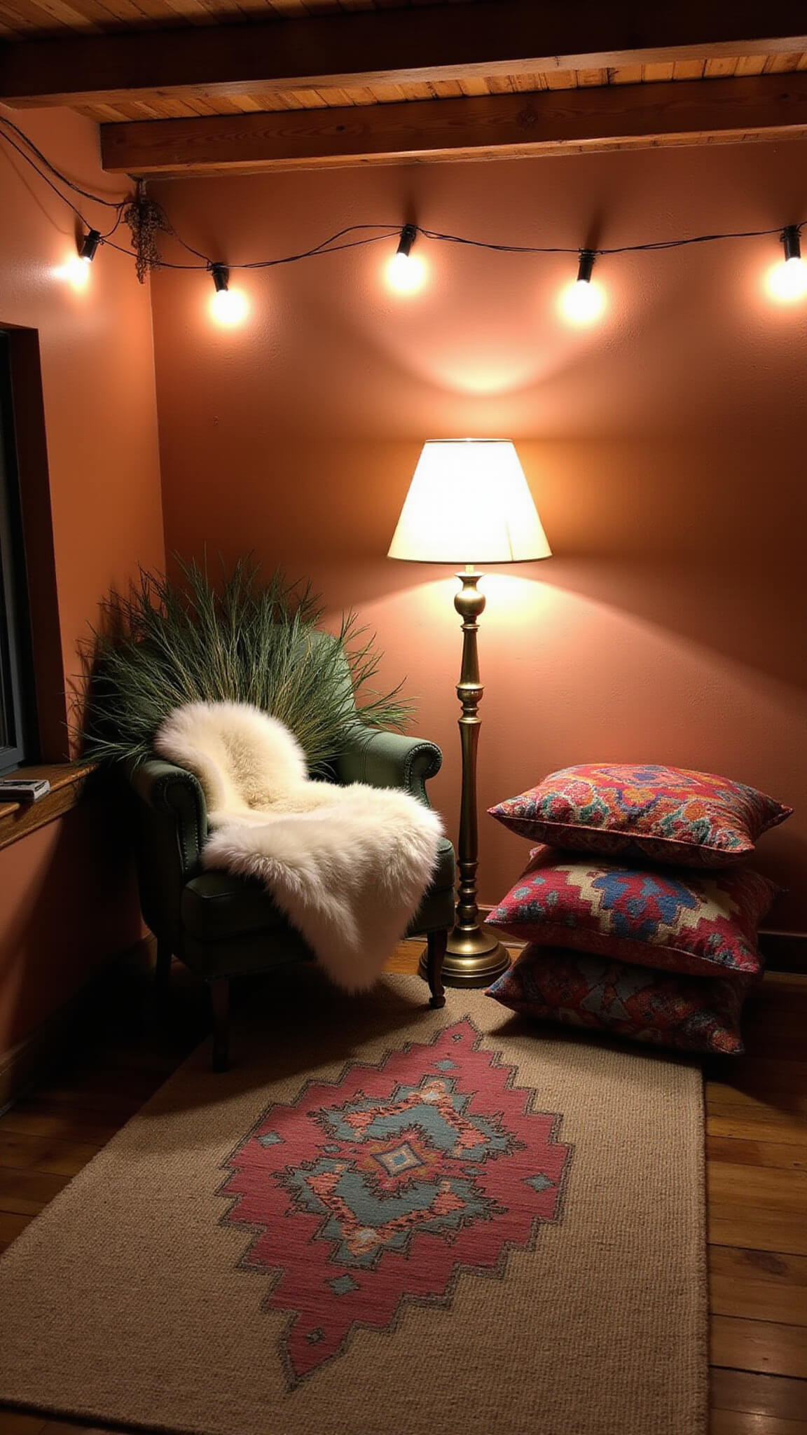 Low-angle view of a cozy 12x12ft boho reading nook at dusk with a vintage peacock chair, warm brass lamp, jewel-toned cushions, and string lights on wooden beams.