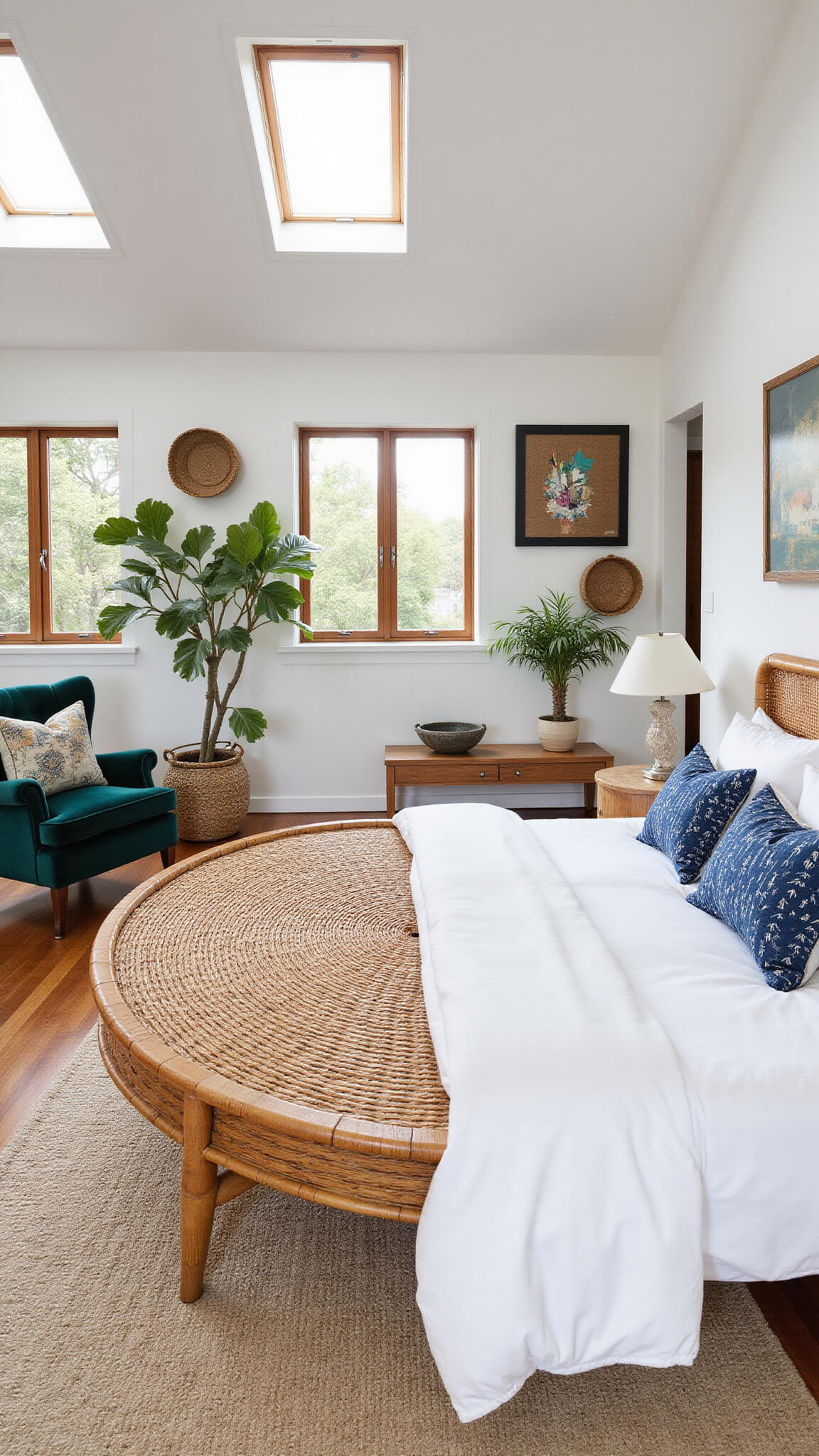 Bird's eye view of a bohemian master bedroom with round rattan bed, indigo pillows, emerald velvet armchair, and asymmetrical gallery wall under natural skylight.