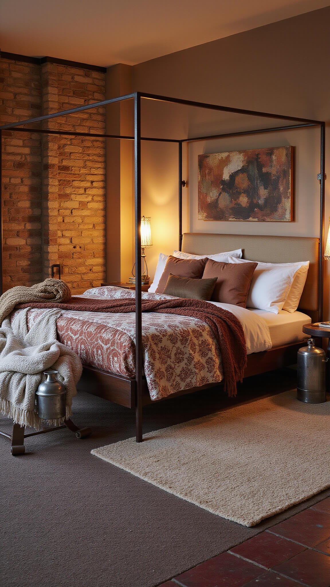 Bohemian suite at twilight with four-poster bed, layered textiles, mixed metal lanterns, and large abstract earth-tone artwork.