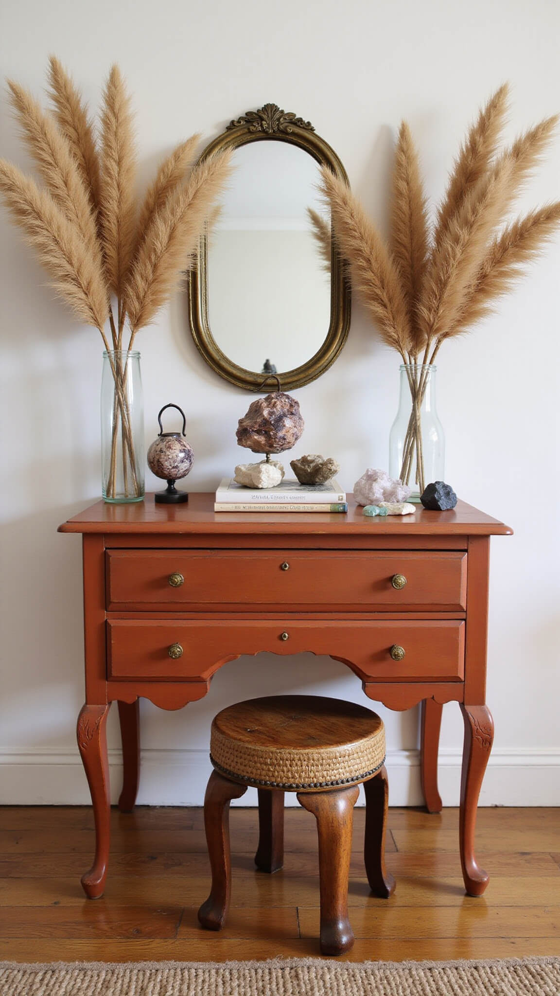 Boho vanity corner with antique brass mirror, pampas grass, terracotta vintage dresser, and carved wooden stool, styled with crystals and treasures in moody side lighting.