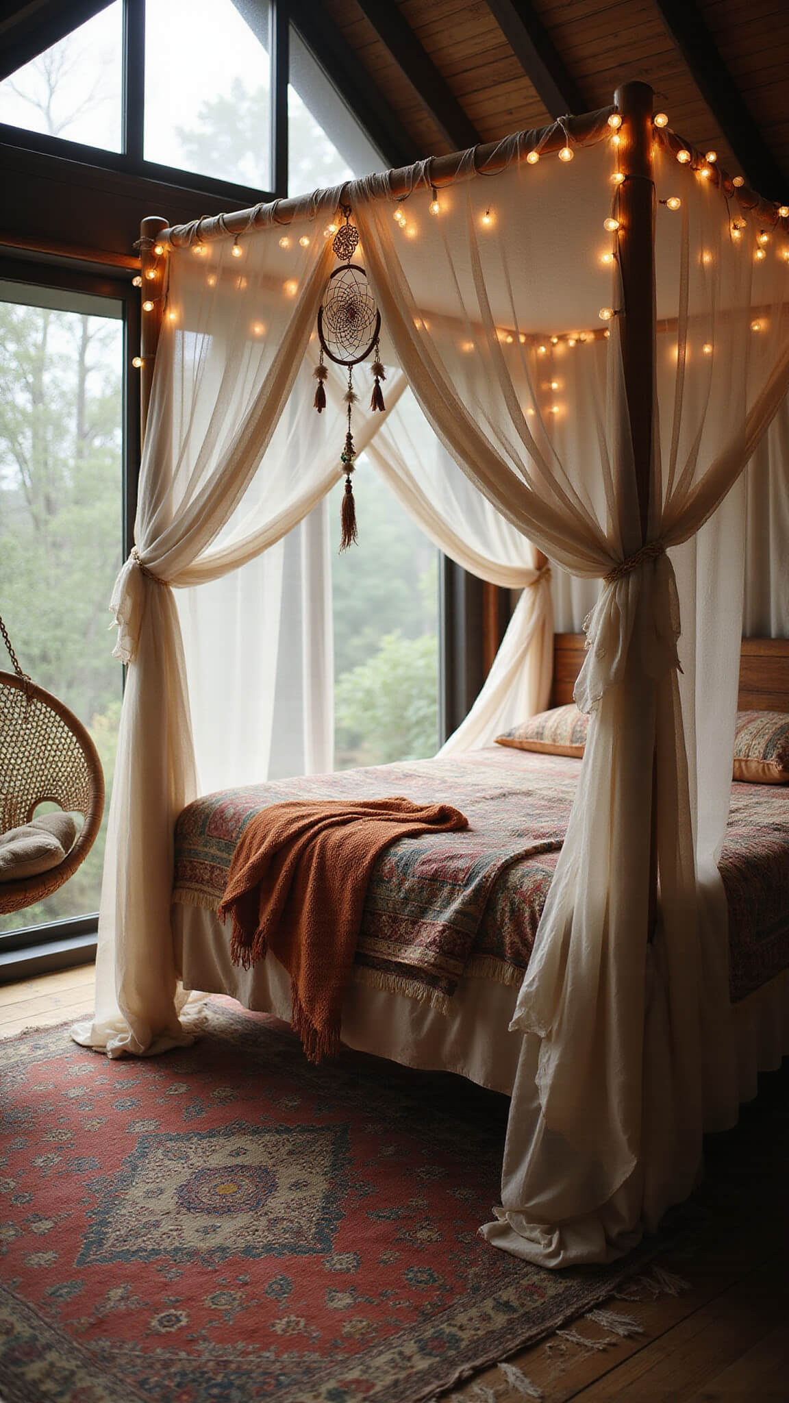 Bohemian master bedroom at dawn with canopy bed, fairy lights, large dream catcher, vintage rugs, and rattan chair by misty floor-to-ceiling windows.