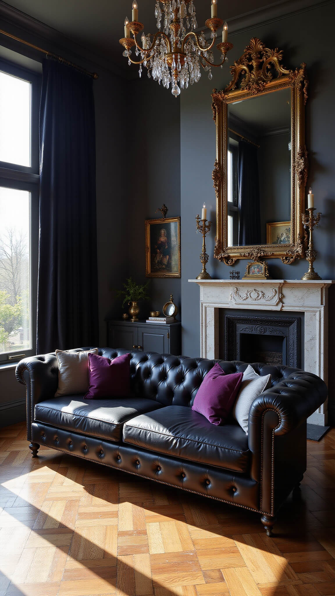 Victorian-style living room with black velvet drapes, black leather Chesterfield sofa, marble fireplace, and gothic decor in moody golden hour lighting.