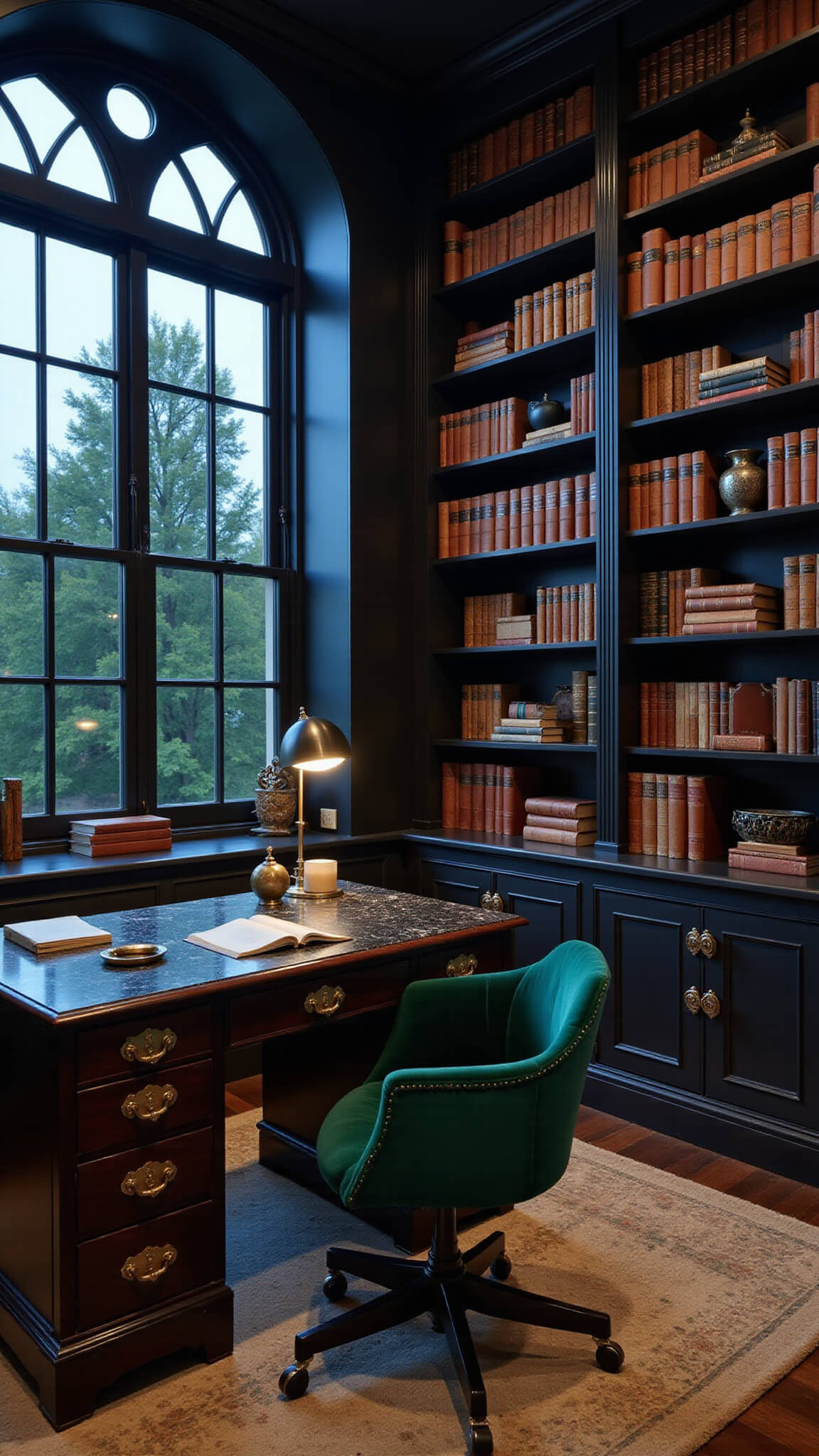 Modern gothic home office with matte black bookshelves, antique mahogany desk, emerald velvet chair, and moonlit arch windows casting geometric shadows.