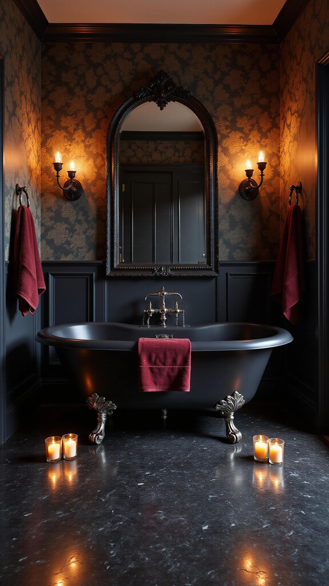 Gothic-style 8x10ft bathroom with black marble hexagon tiles, dark floral wallpaper, matte black clawfoot tub, mercury glass candle holders, ornate black-framed mirror, burgundy Turkish towels, and flickering LED candlelight.