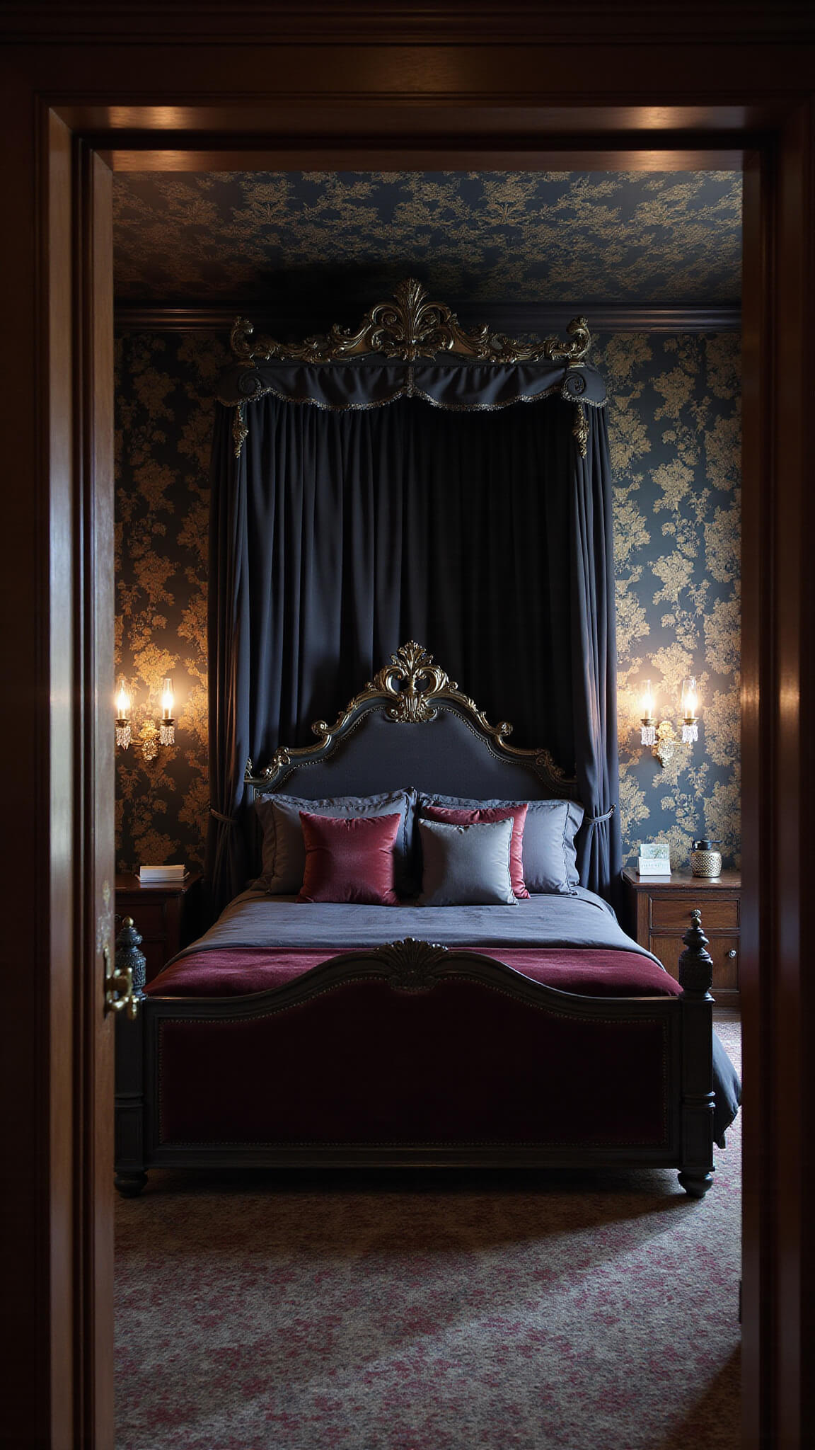 Gothic-style primary bedroom with dark mahogany four-poster bed, black silk drapes, and burgundy velvet accents, viewed from the doorway at twilight with soft crystal sconce lighting.