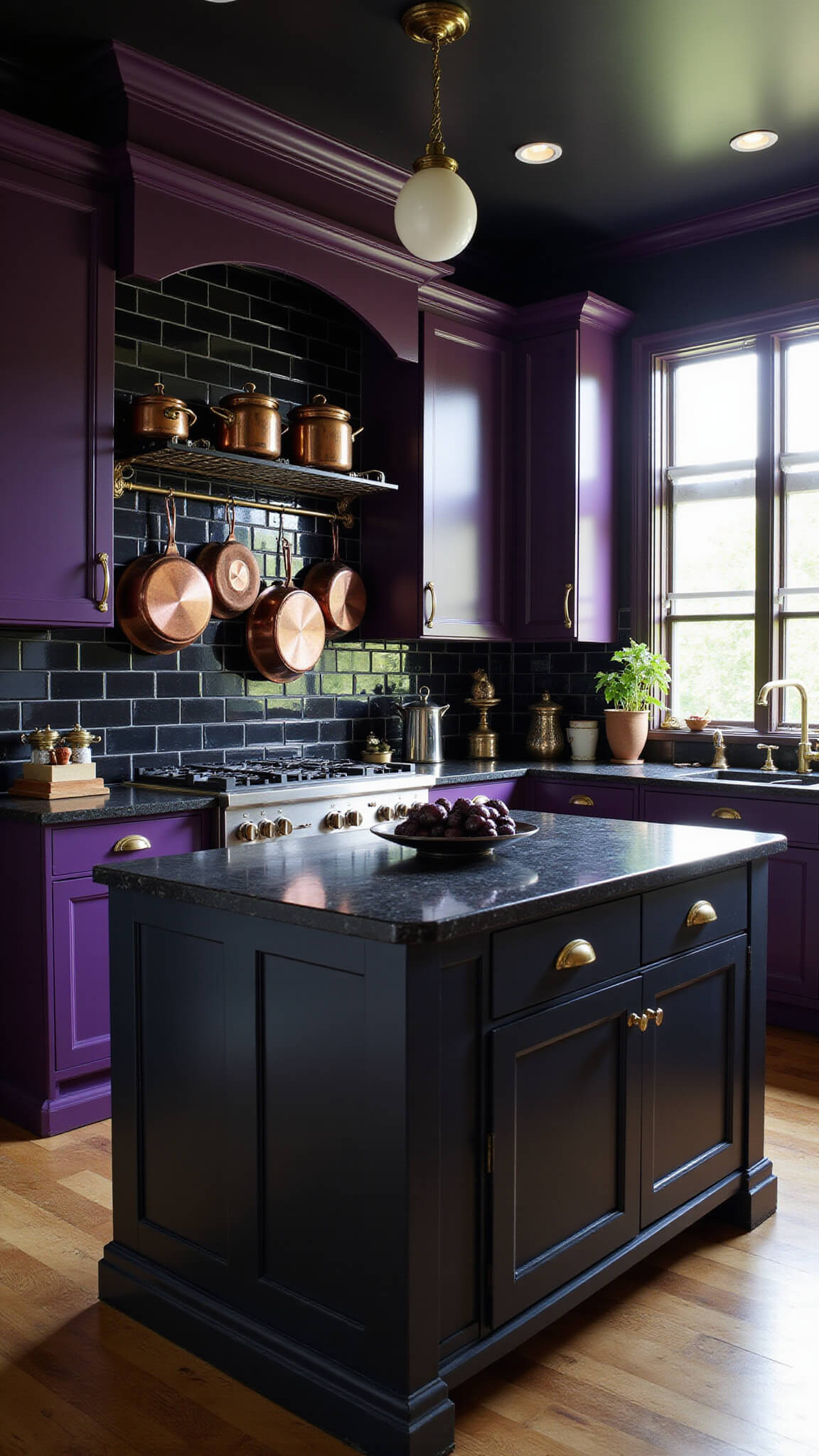 Gothic kitchen with black soapstone counters, deep purple cabinets, copper pots, and wrought iron pot rack in morning light.