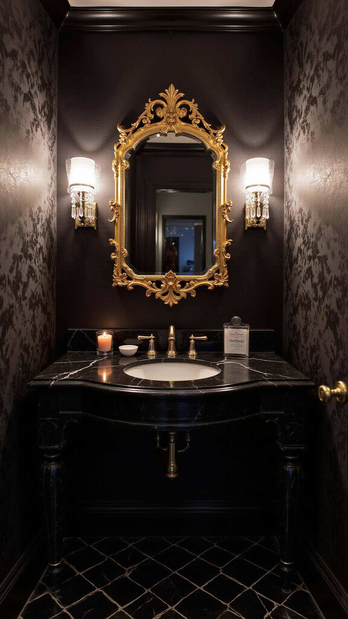 Gothic-style powder room with black damask wallpaper, gold mirror, black marble sink, and crystal sconces casting dramatic evening shadows.