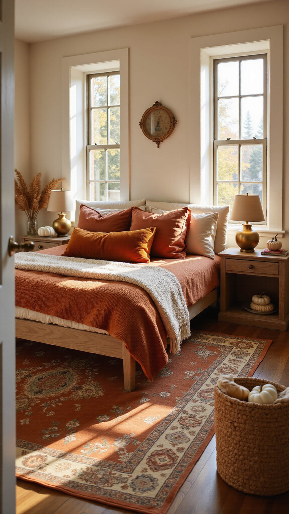 Warmly lit master bedroom with king-size bed in rust-colored linens, brass lamps on oak nightstands, vintage rug, and pampas grass in woven baskets.
