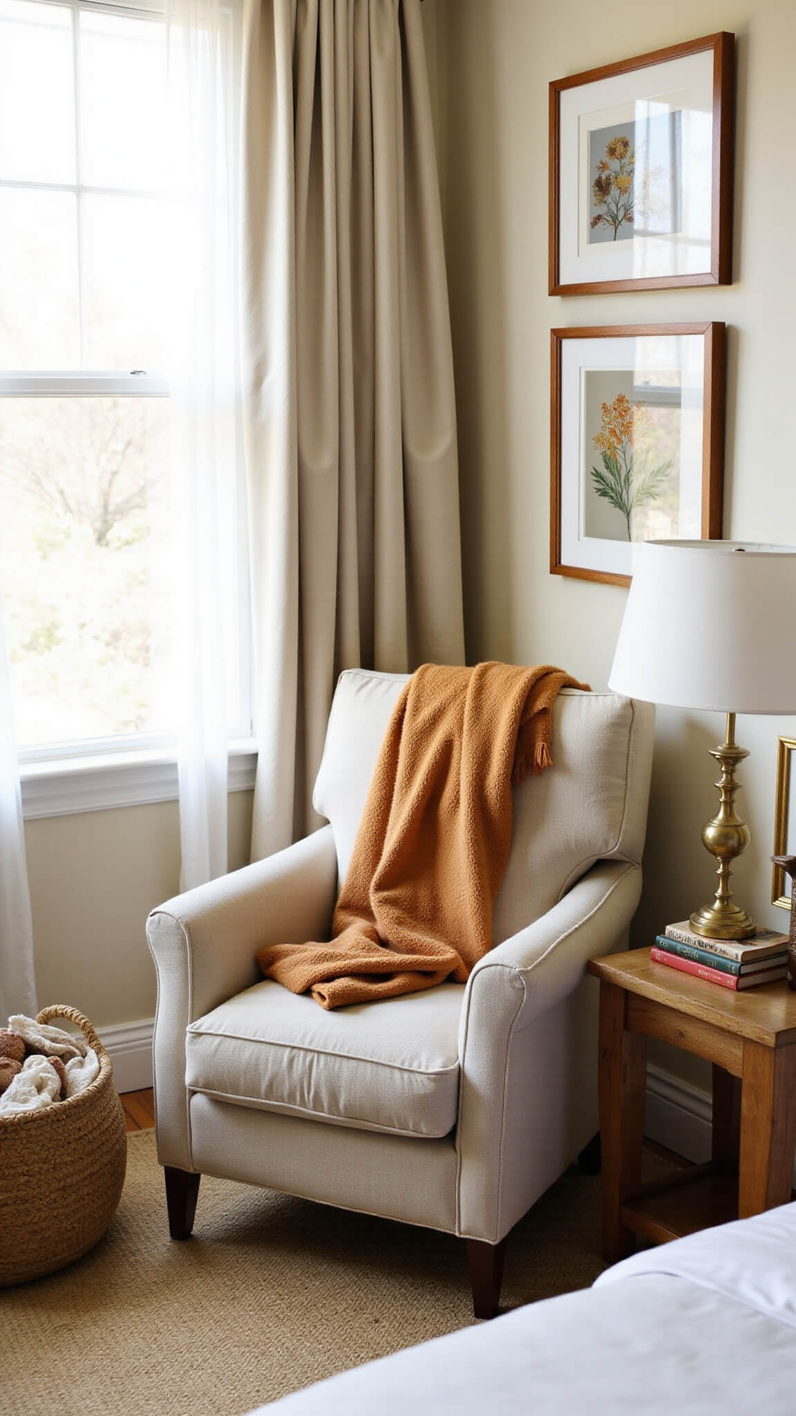 Cozy reading nook with oversized linen armchair, caramel throw, brass floor lamp, leather-bound books on wood table, and botanical art in warm afternoon light.