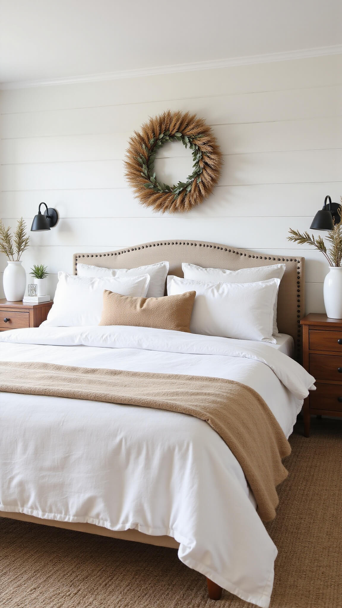 Minimalist bedroom with king bed in warm neutral linens, dried wreath on white shiplap wall, matte black sconces, ceramic vases with oak branches on bedside tables, and jute rug under soft morning light.