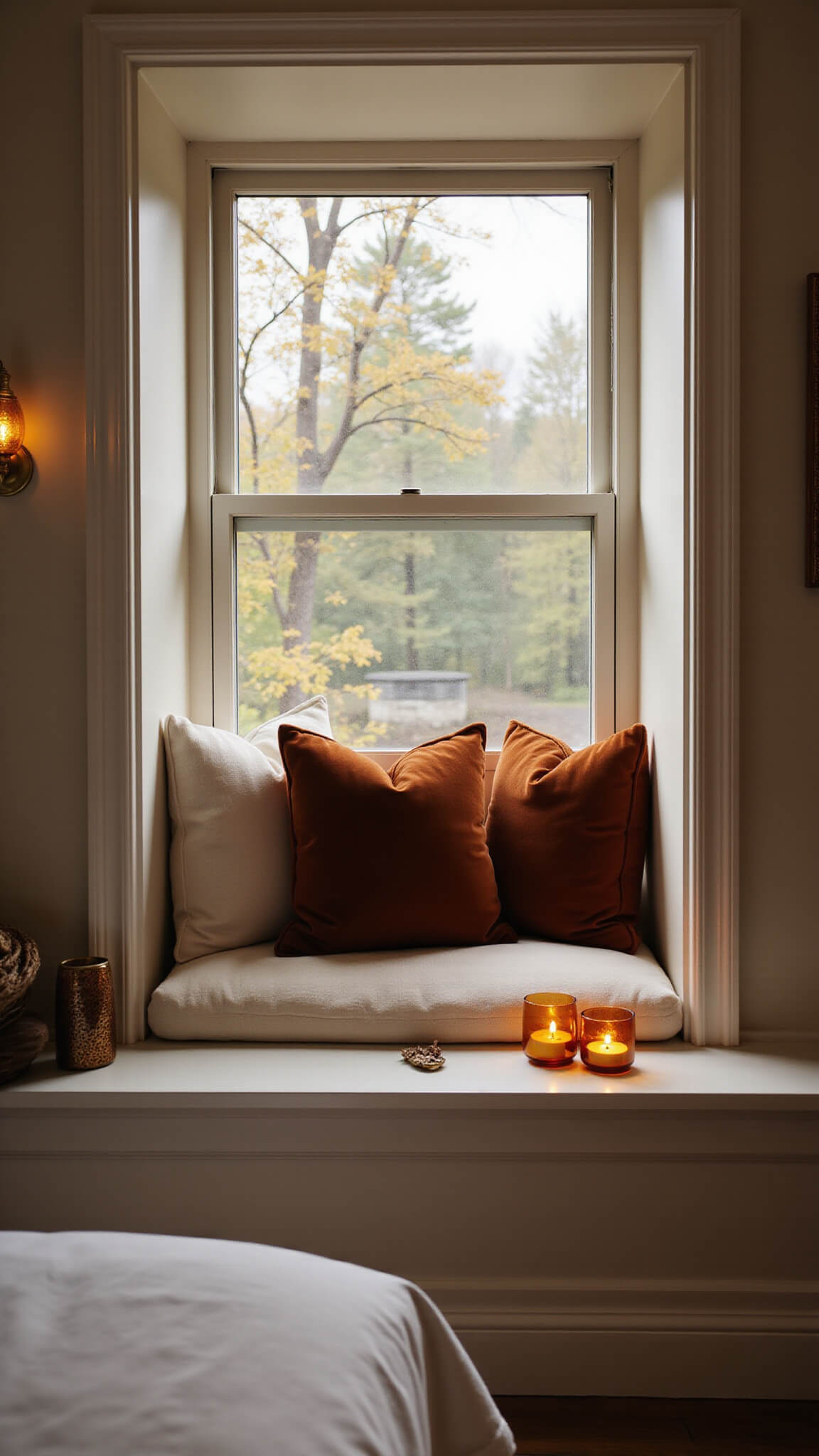 Cozy bedroom window seat with ivory cushions and rust velvet pillows, lit by a brass reading light, framed by white woodwork, and autumn leaves visible outside.