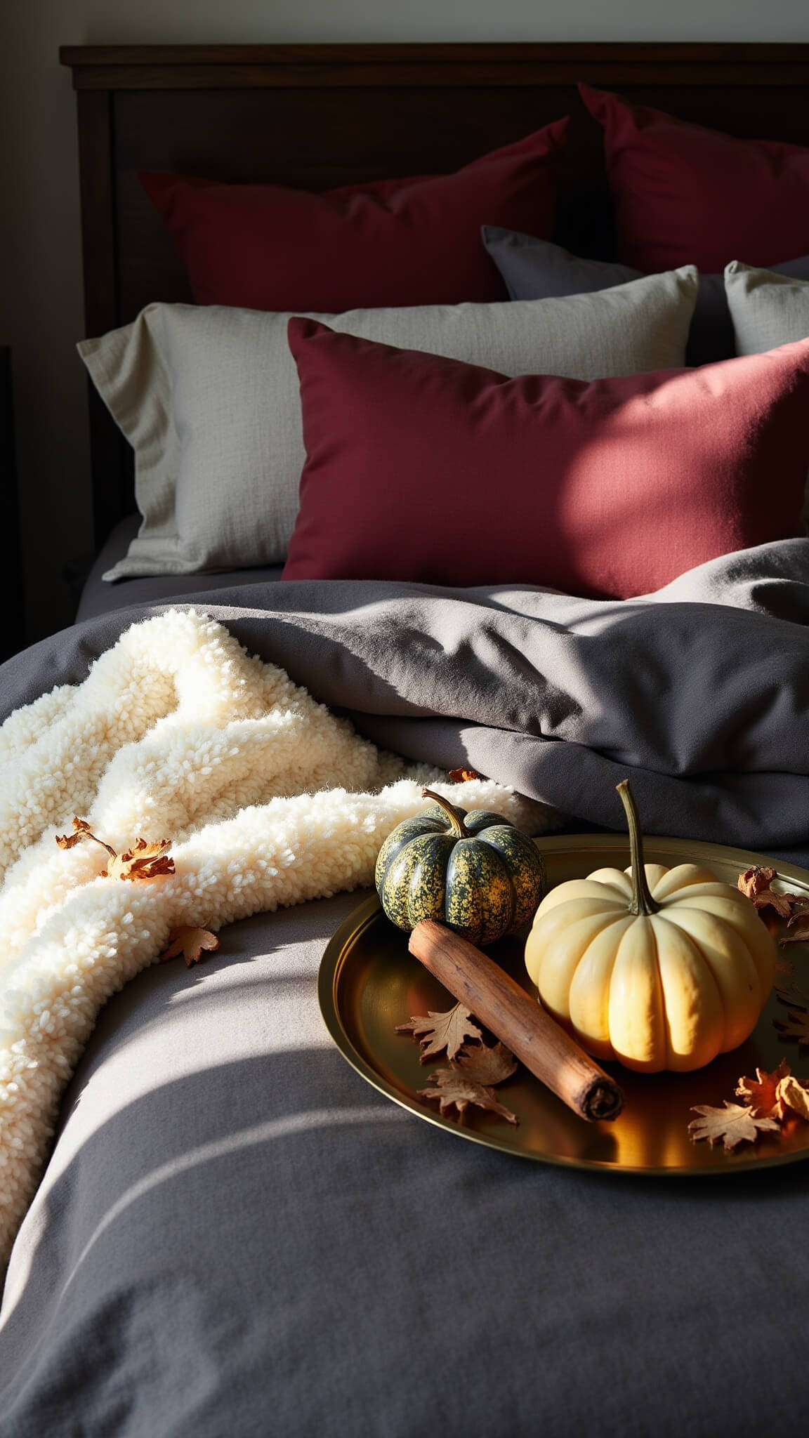 Close-up of layered bedding with charcoal linen duvet, burgundy silk pillows, cream wool throw, dried oak leaves, vintage brass tray holding crystal pumpkins and cinnamon sticks, against dark walnut headboard.