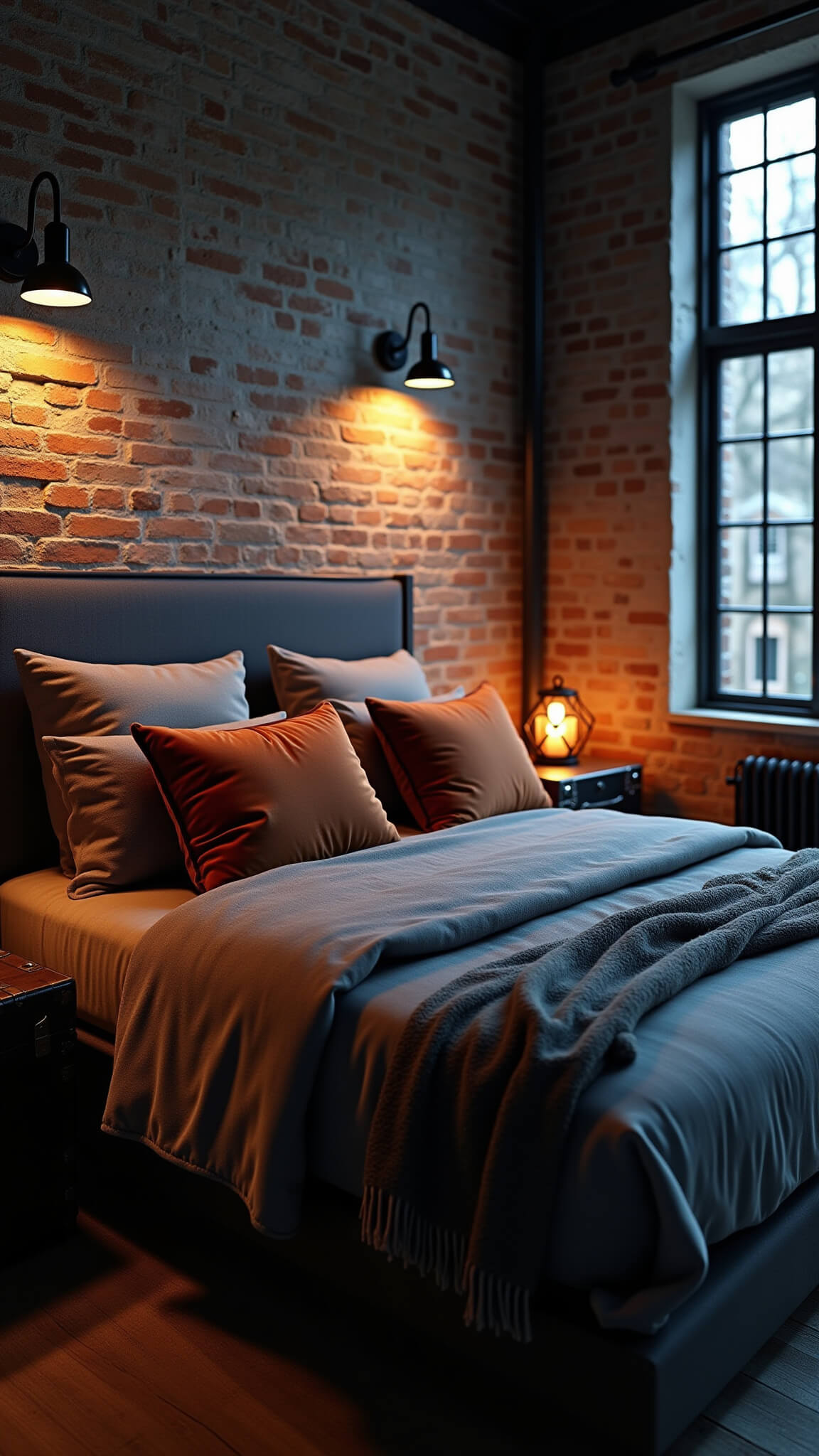 Moody twilight bedroom with king bed, warm lighting, exposed brick wall, industrial sconces, gray bedding, rust velvet pillows, vintage trunk nightstand, and dusky window backdrop.