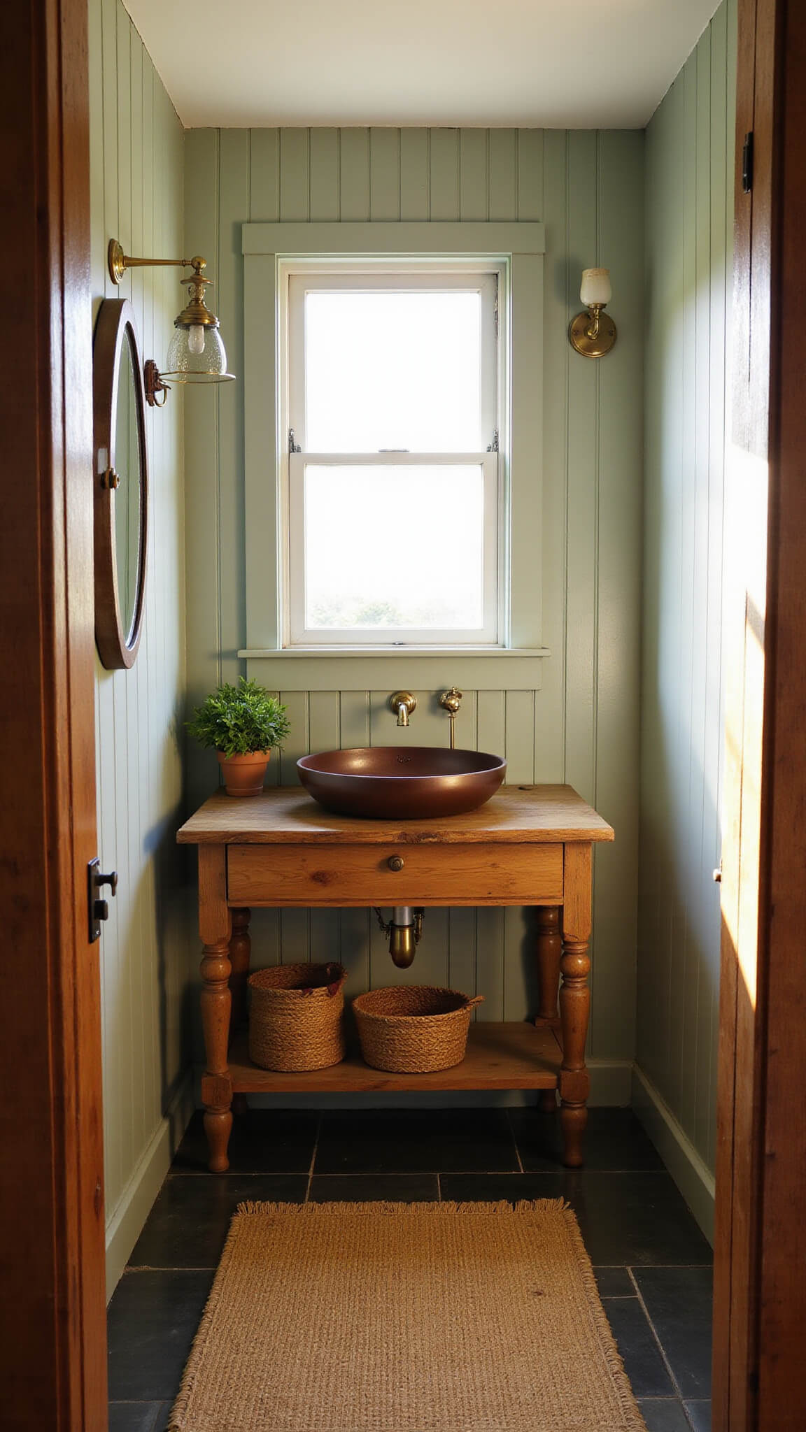 Cozy 8x6ft cabin bathroom at golden hour with sage green shiplap walls, barn wood vanity with copper vessel sink, slate floors, jute rug, and warm sunlight through frosted window.