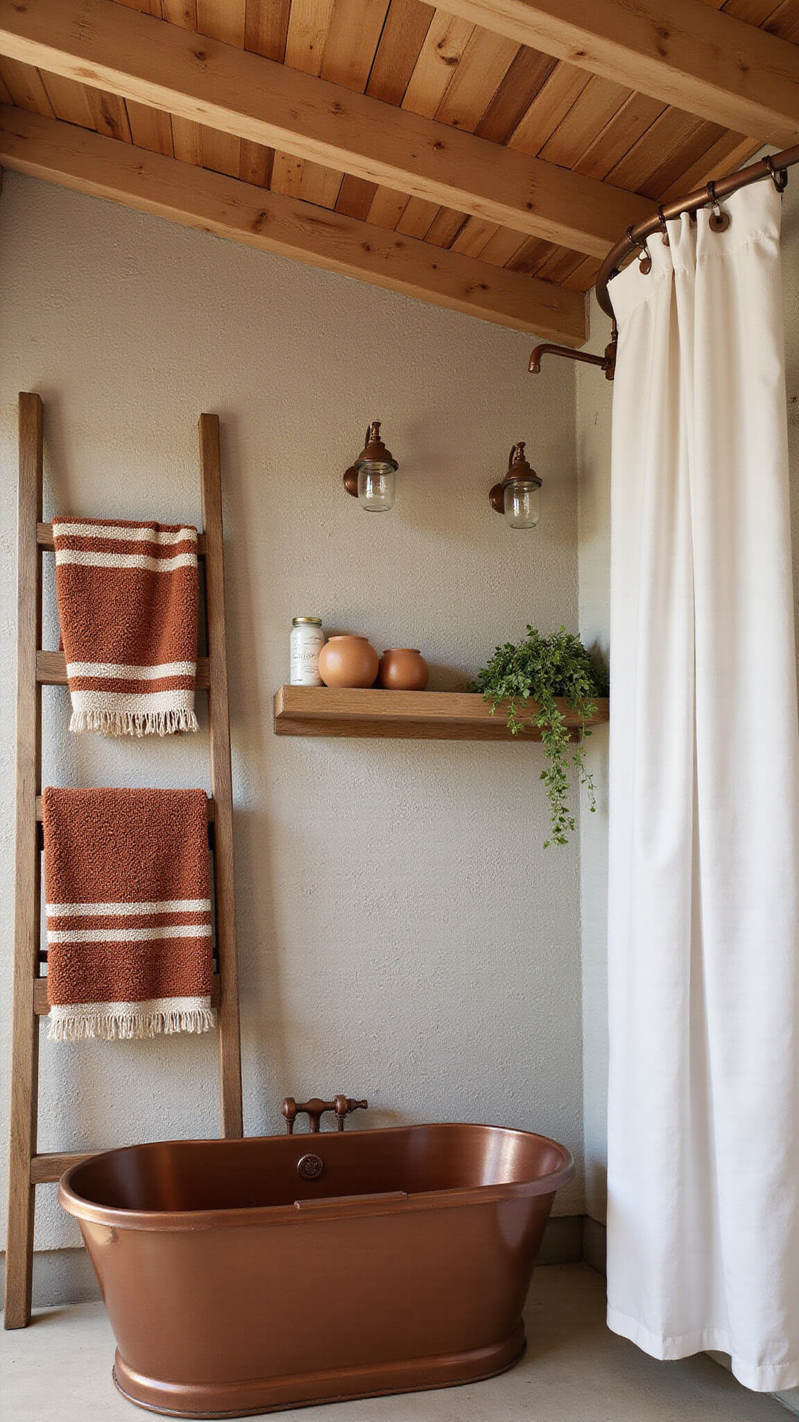 Cozy morning bathroom with copper tub, stone wall, teak shelf with Turkish towels, mason jar lighting, and eucalyptus hanging from shower.