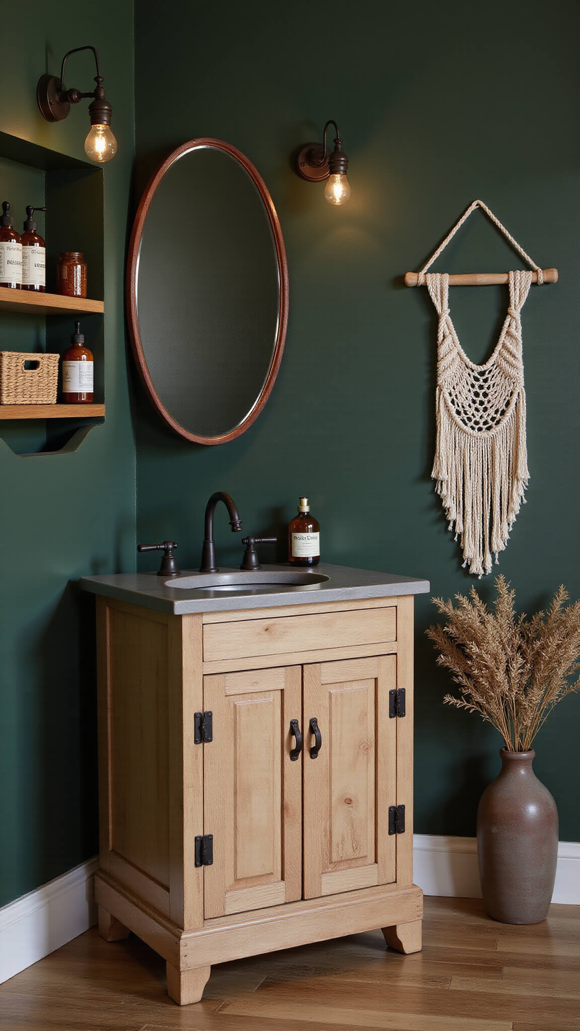 Dusk-lit bathroom vanity with distressed pine cabinet, copper mirror, vintage apothecary decor, and green 'Green Smoke' wall.