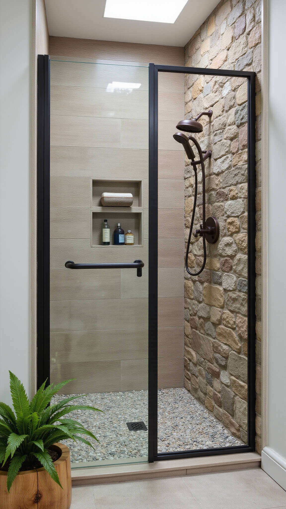Corner shower with pebble floor, reclaimed wood-look tile, matte black glass enclosure, copper rainfall showerhead, and fern in skylight light.