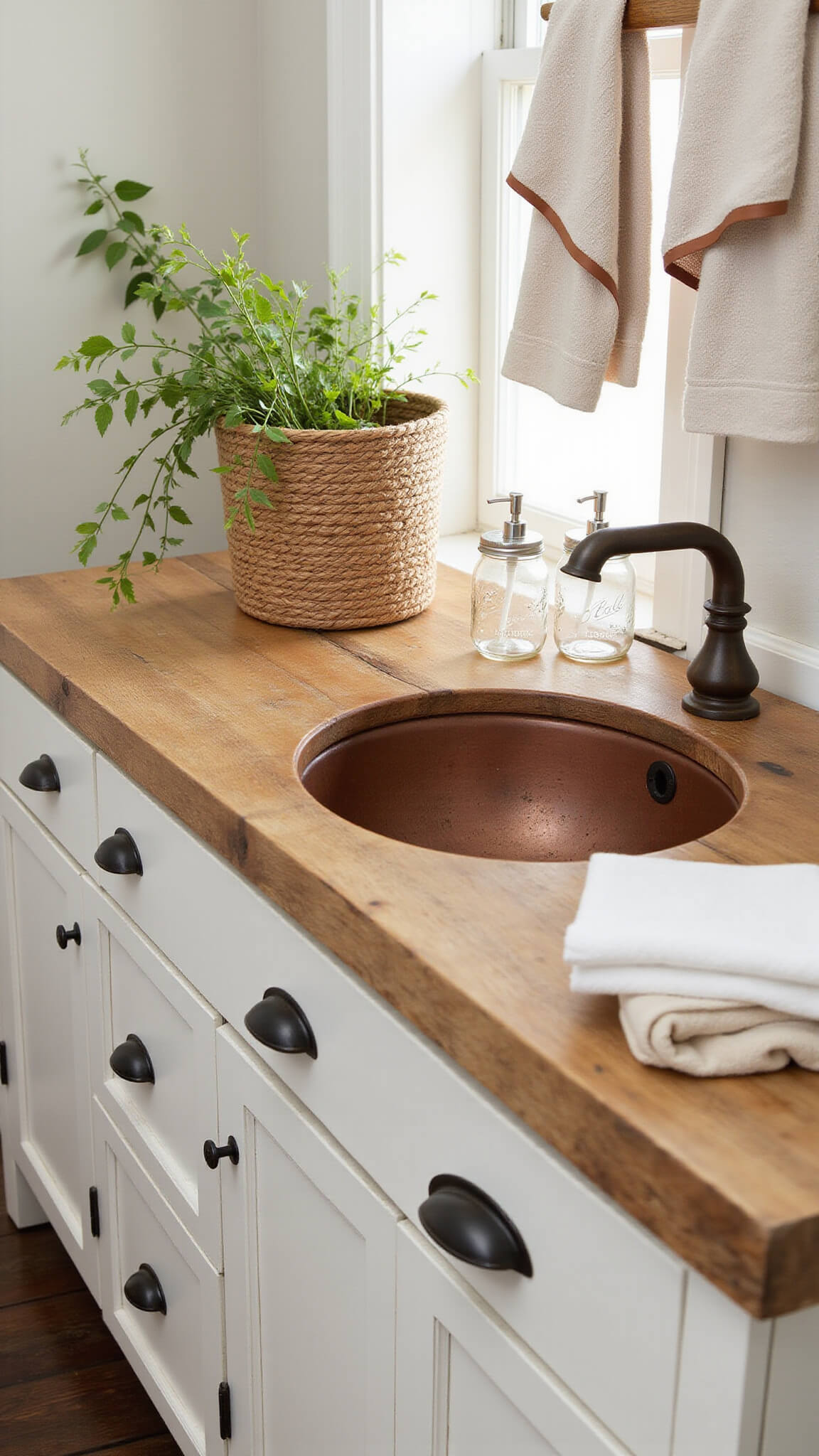 Vanity with live-edge wood countertop, hammered copper sink, vintage soap dispensers, and terracotta ivy pot in afternoon light.