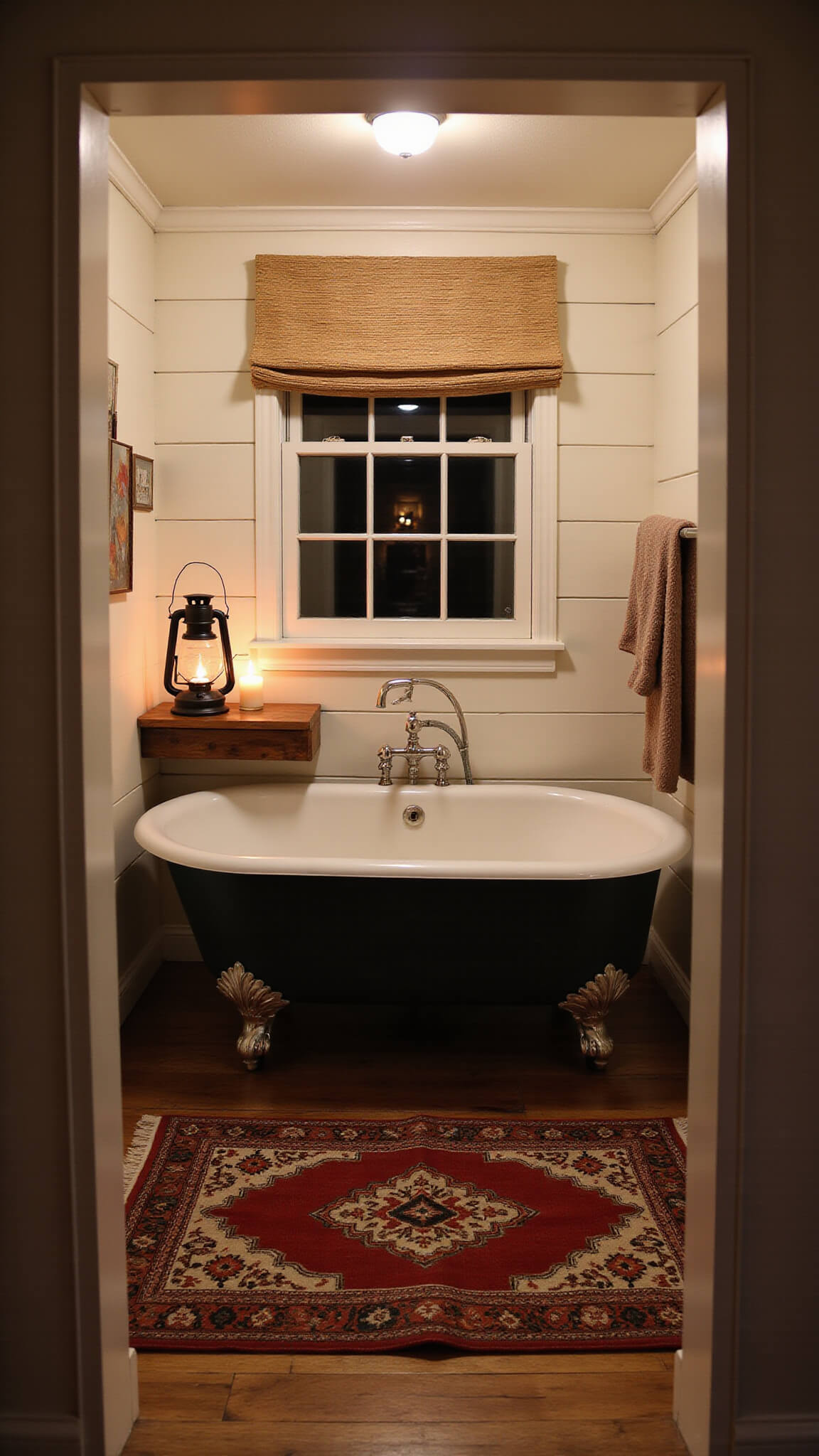 Candlelit bathroom with clawfoot tub and vintage lantern, viewed through doorway; warm glow highlights textured towels, kilim rug, and white shiplap walls.