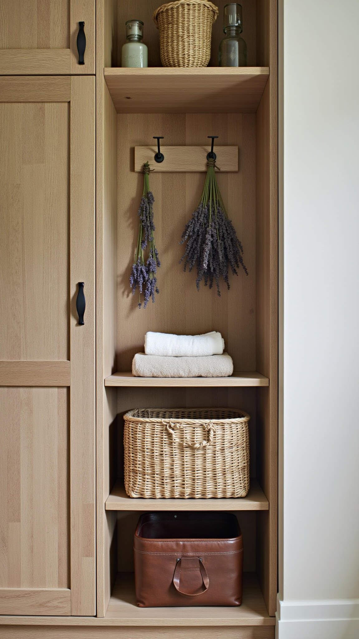 Weathered oak built-in cabinet with open shelving displaying woven baskets, rolled towels, vintage glass containers, and dried lavender bundles, lit by natural side light.