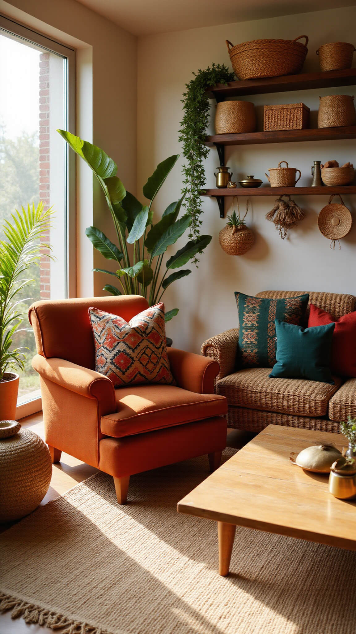 Sunlit bohemian living room with burnt orange velvet armchair, tribal cushions, sisal rug, rattan furniture, woven baskets, and potted plants.