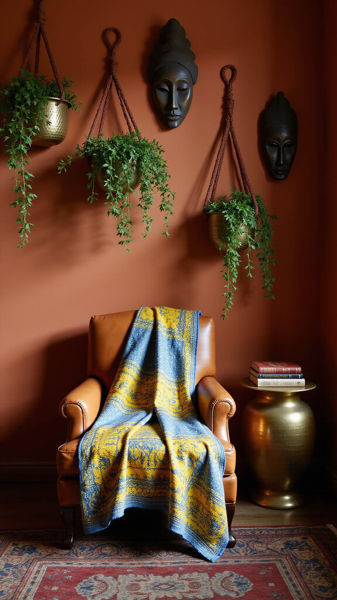 Vintage reading nook with Kente-draped leather chair, African art on terracotta wall, and trailing plants in macramé hangers.