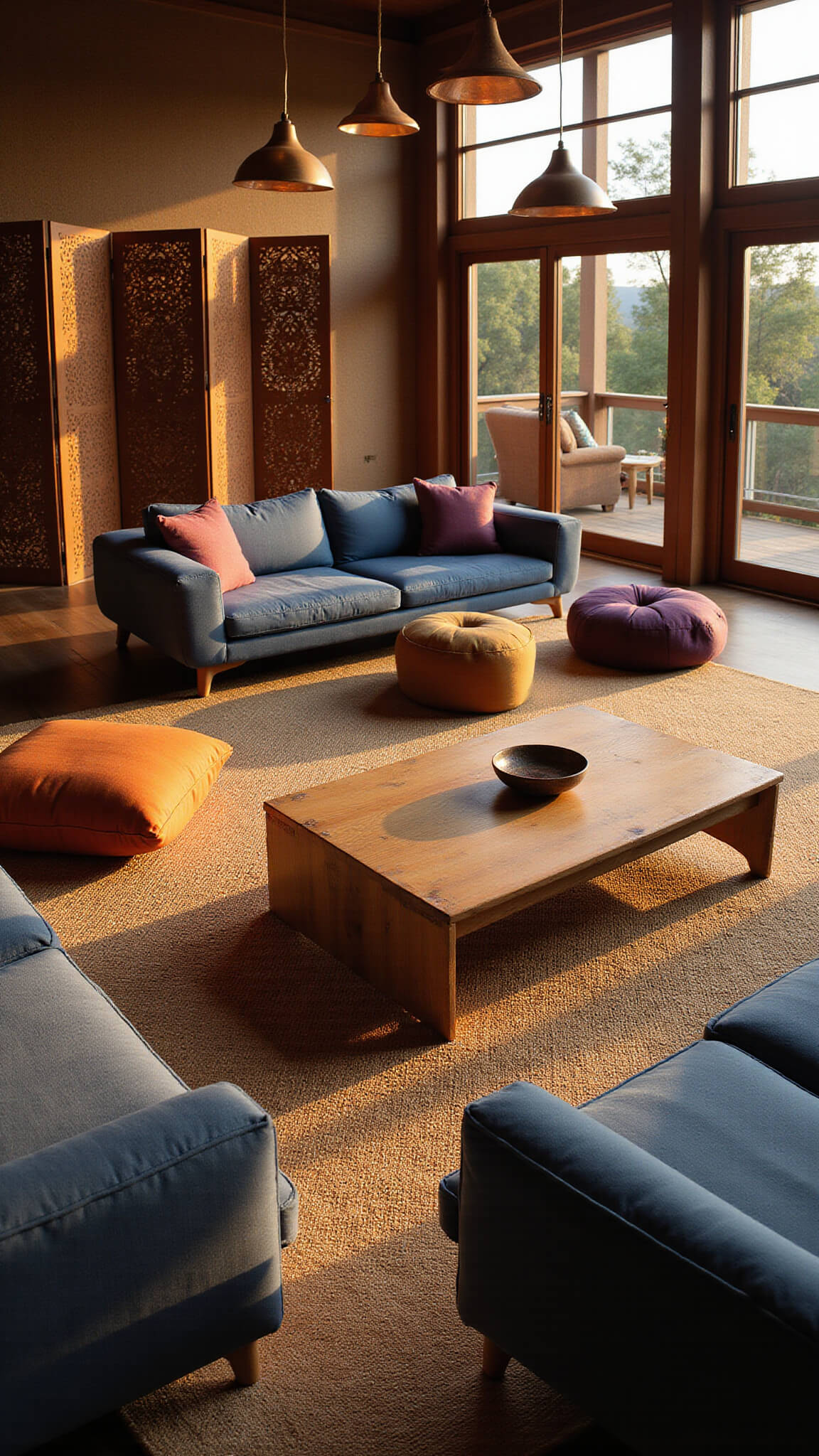 Open-concept living area at sunset with indigo sofas, jute rug, teak coffee table, copper lighting, and colorful floor cushions.