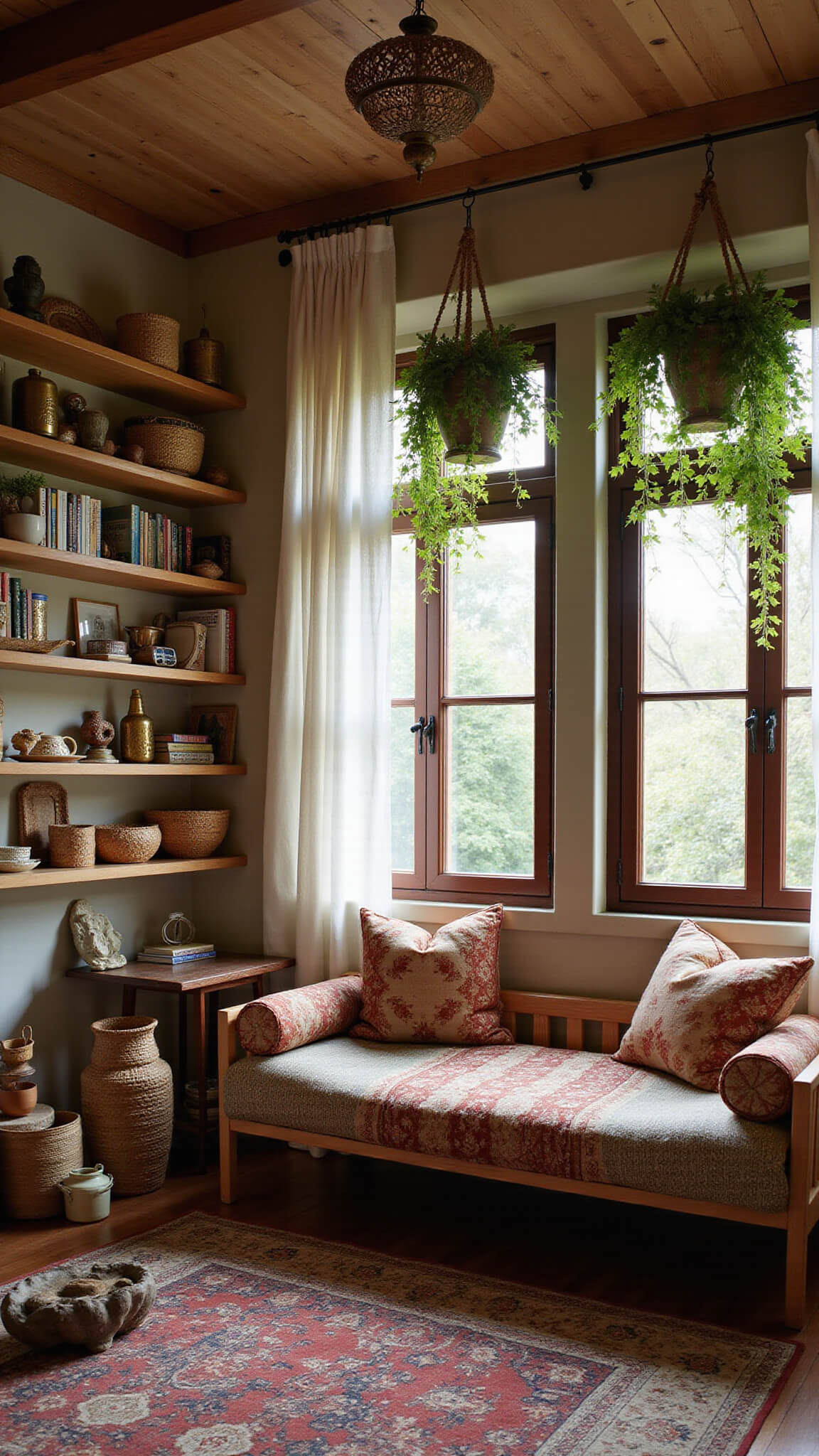 Low-angle view of a cozy 14x16ft meditation corner at blue hour with floor-to-ceiling shelves, rattan daybed with earth-toned textiles, hanging plants, and Moroccan lanterns casting shadow patterns.