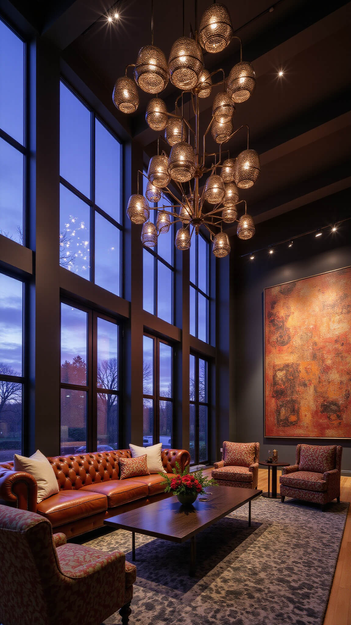 Dramatic great room at dusk with Chesterfield sofa, African print chairs, abstract art, and constellation-effect pendant lights.
