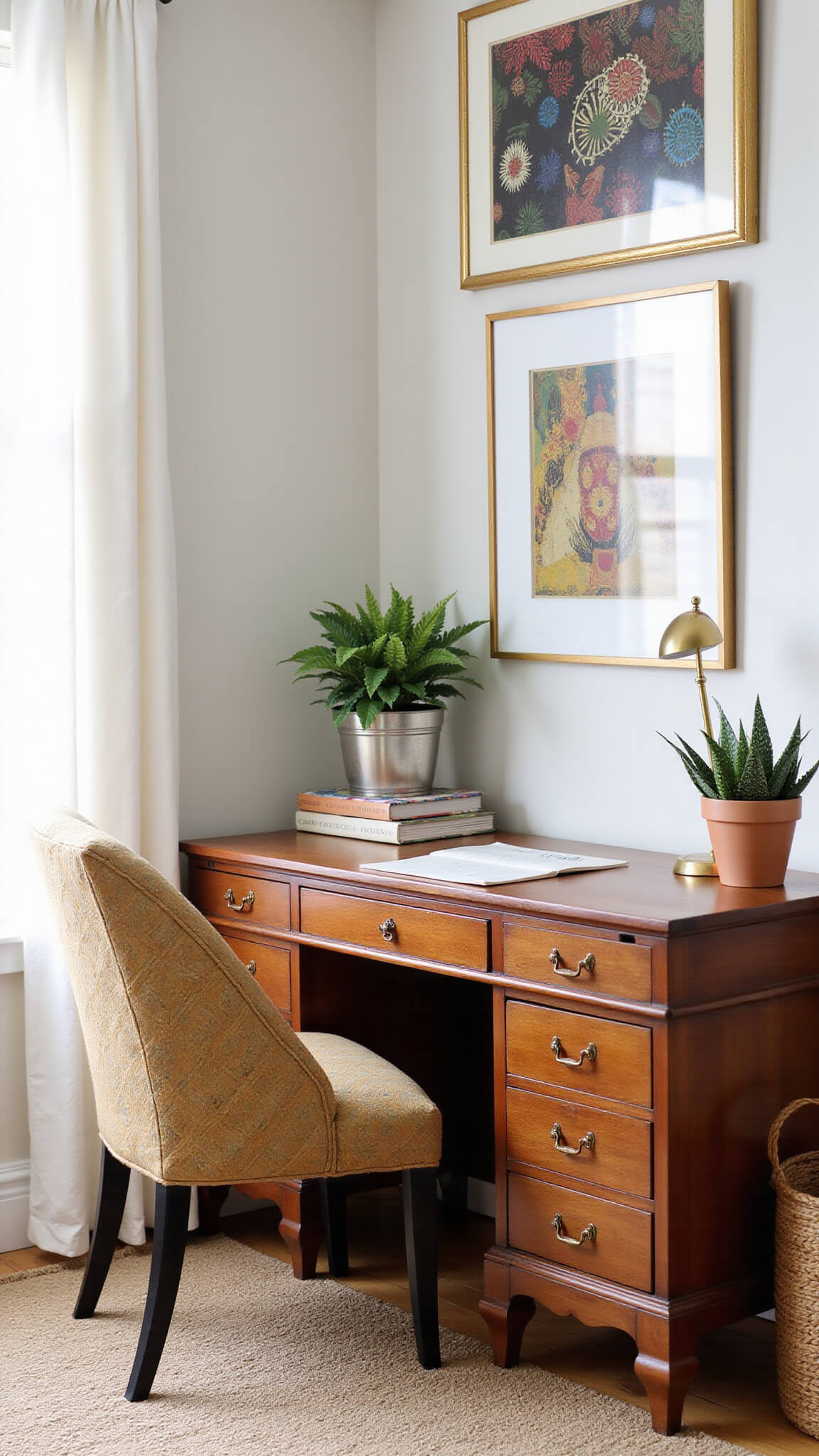 Vintage-inspired 10x12ft workspace with campaign desk, brass accessories, mud cloth chair, gallery wall of African textiles, and snake plants in morning light.