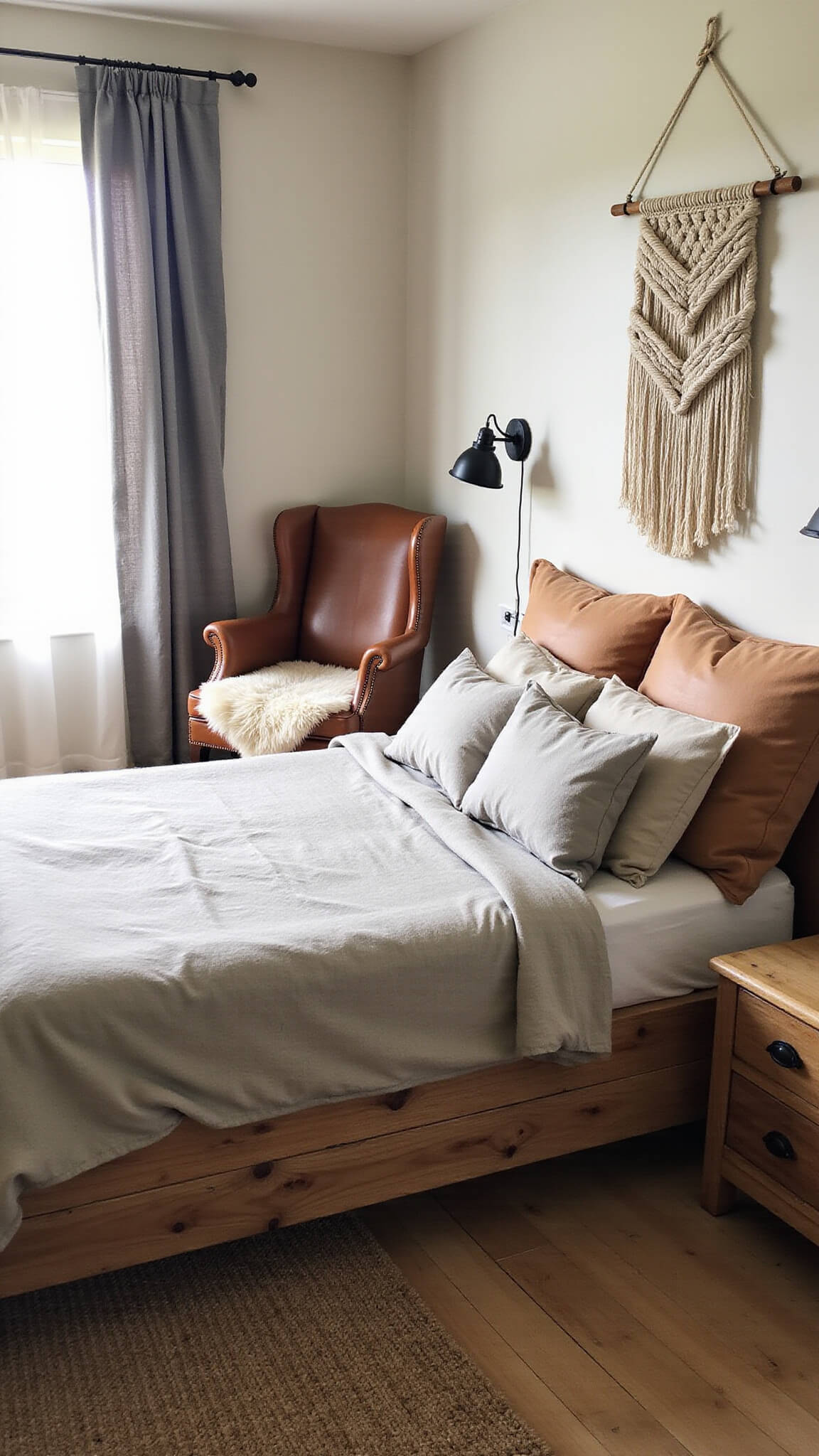 Cozy 10x12ft cabin bedroom with reclaimed wood platform bed, oatmeal linen bedding, macramé wall hanging, vintage leather chair with sheepskin, jute rug, and soft morning light through sheer curtains.