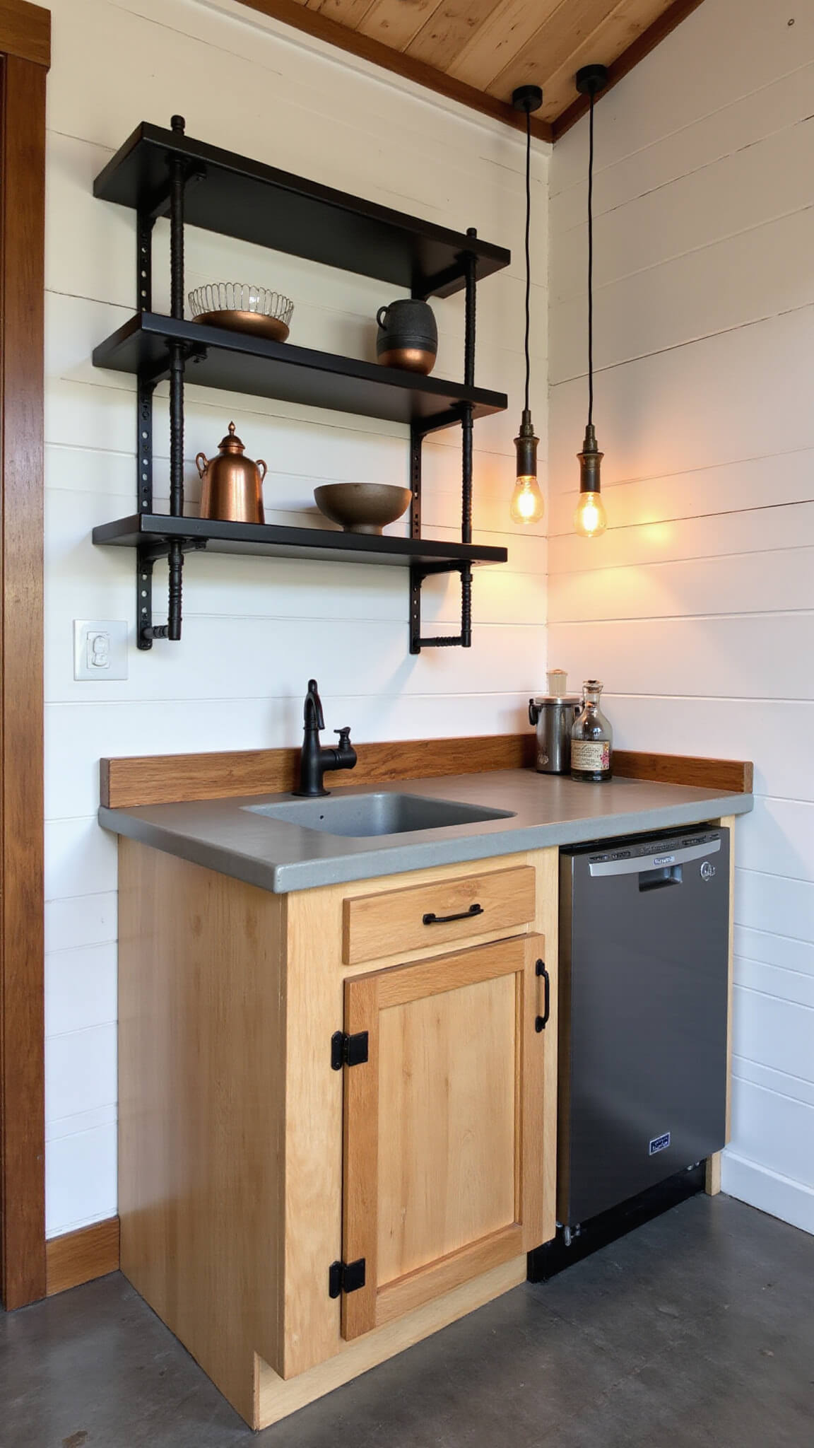 Industrial-modern compact cabin kitchen with concrete counters, black steel shelving, copper lighting, and natural wood accents.