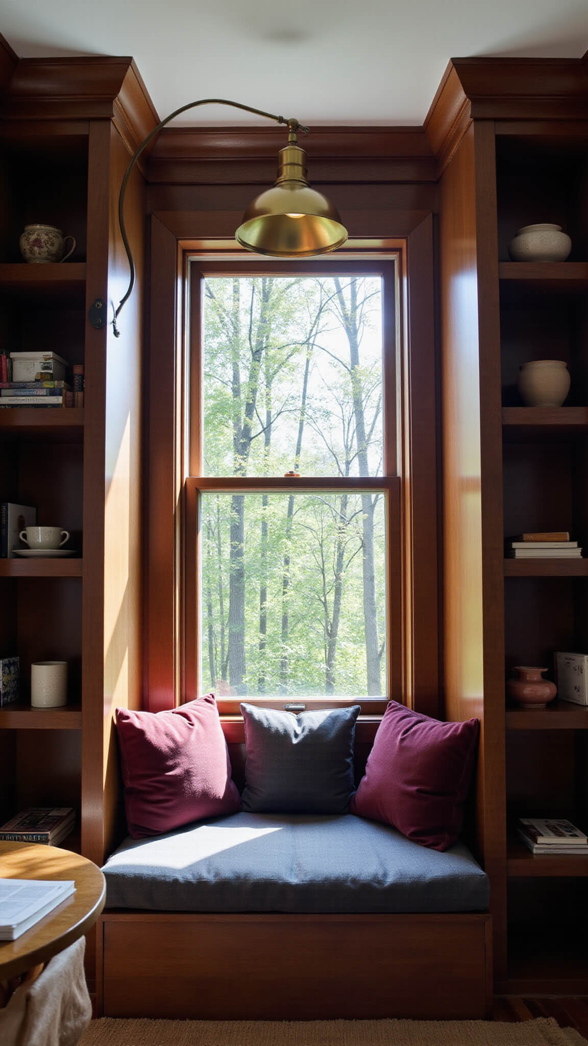 Cozy 6x8ft reading nook with built-in window seat, dark walnut bookshelves, burgundy and charcoal cushions, brass floor lamp, and forest view through sunlit window.