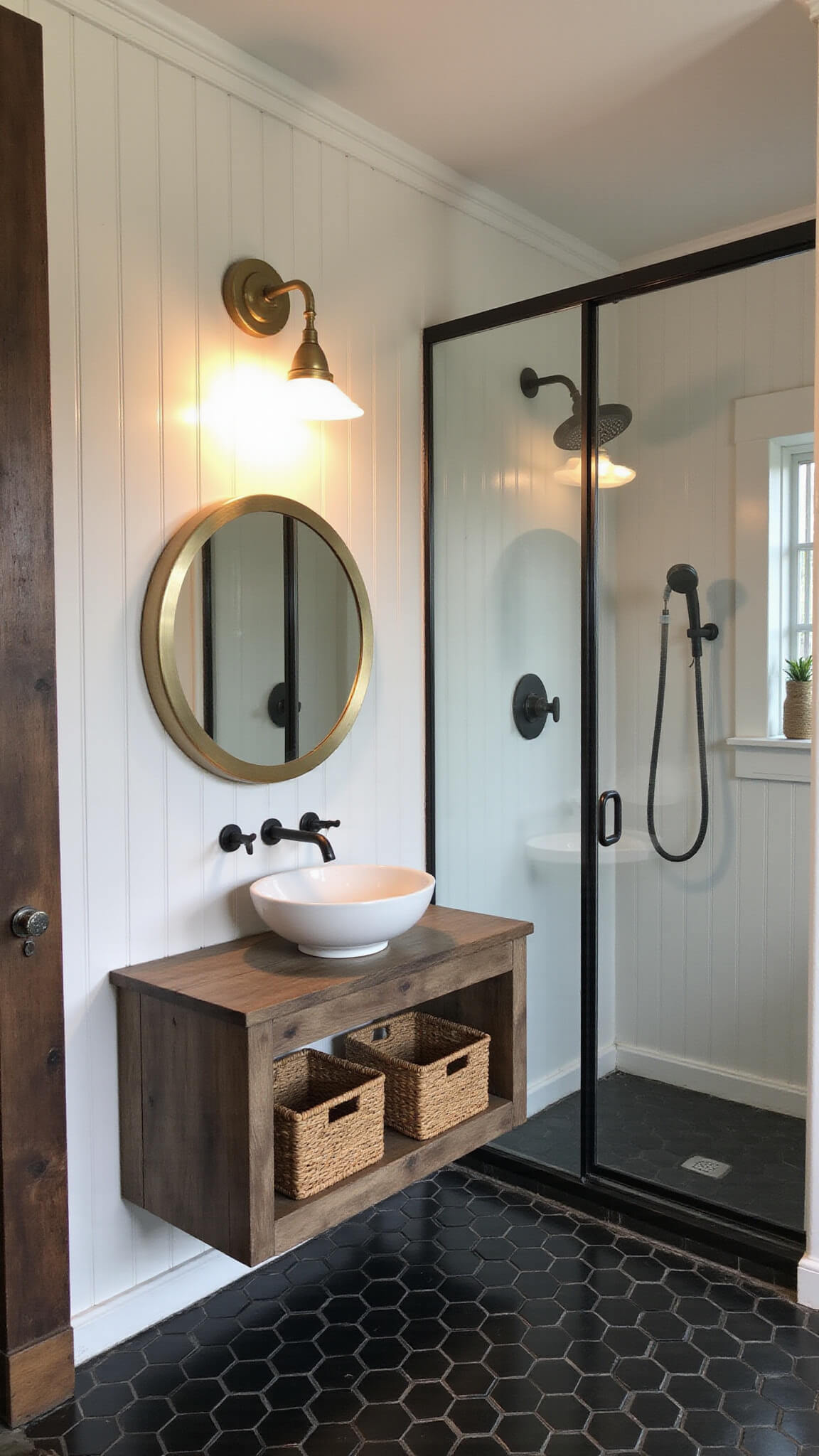 Modern 5x8ft cabin bathroom with black hexagon floor tiles, white shiplap walls, floating oak vanity, round backlit brass mirror, glass shower with black frame and rainfall head, and linen tower with woven baskets.