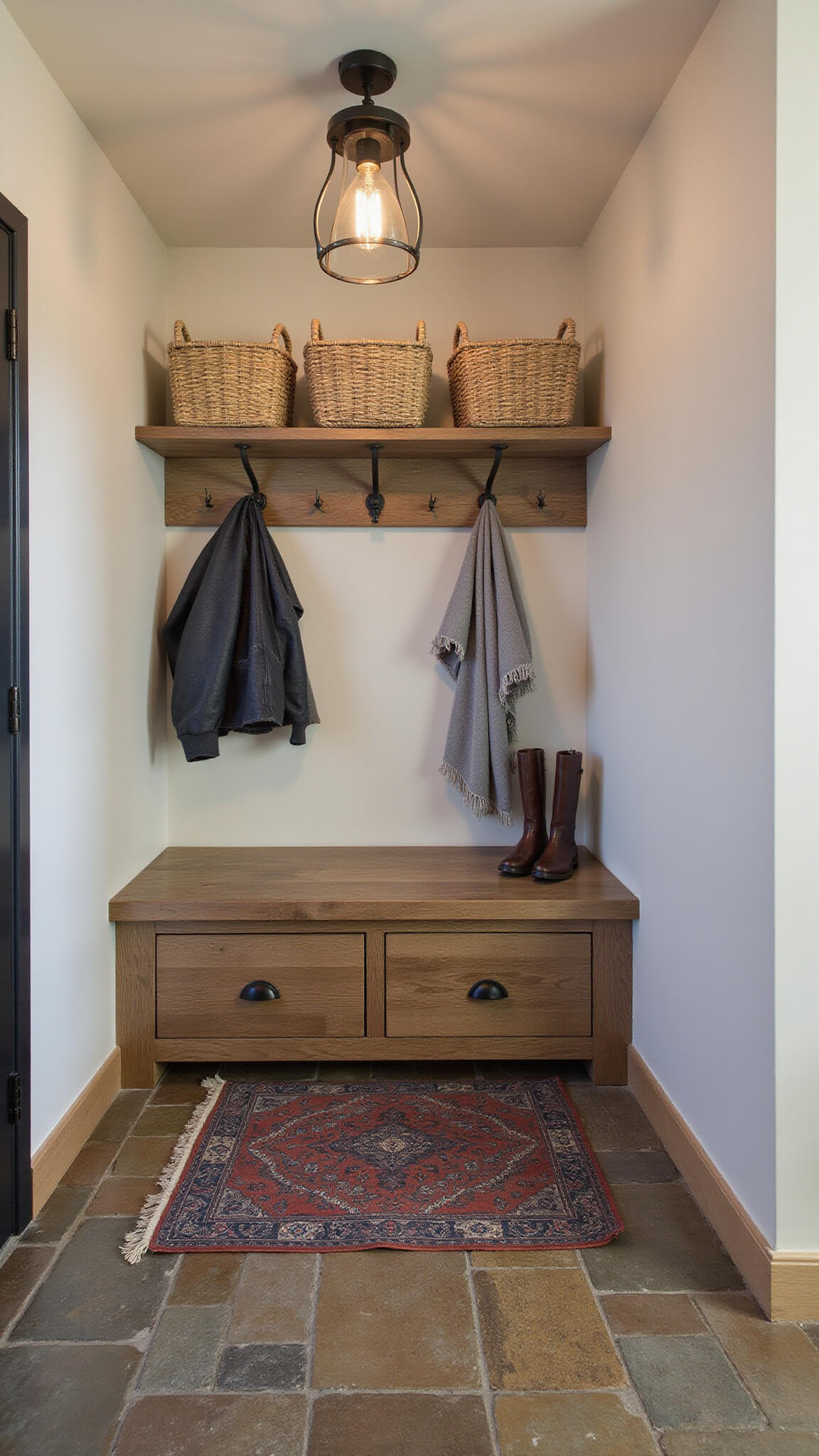 Transitional 6x7ft mudroom with slate floor, built-in distressed oak bench, custom wood and steel hooks, vintage runner, and dusk lighting.
