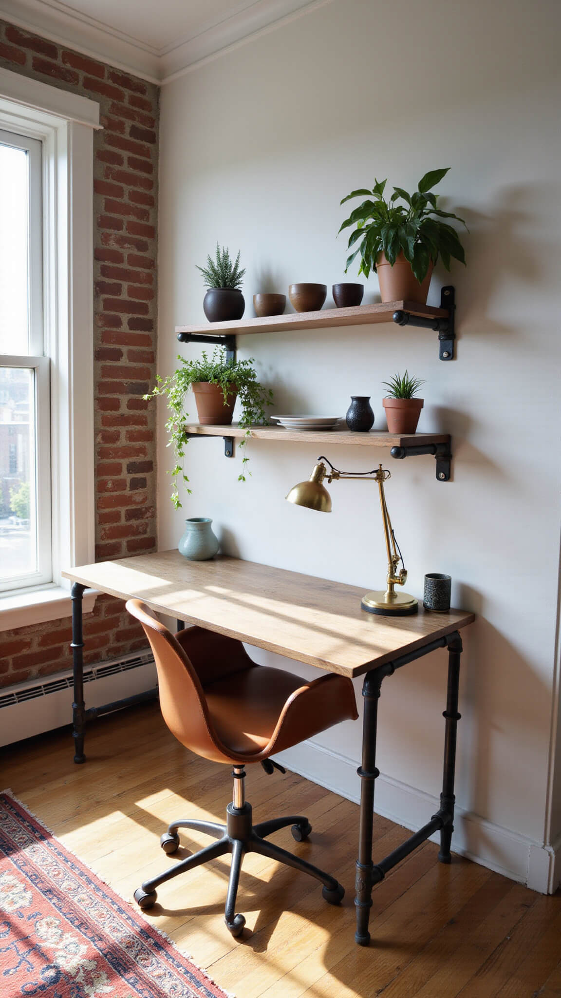 Loft workspace with blackened oak floating desk, cognac leather Eames-style chair, industrial pipe shelves, vintage kilim rug, and brass task lamp in late afternoon light.